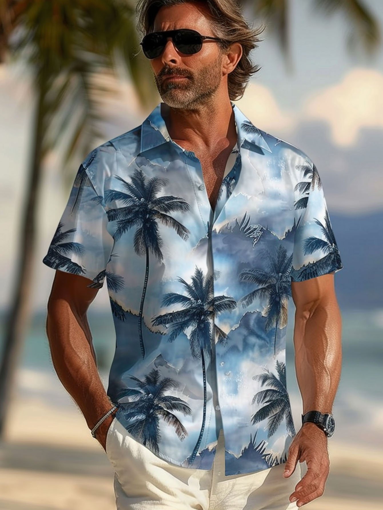 Royaura® Hawaiian Coconut Tree Gradient Print Men's Button Pocket Short Sleeve Shirt Big & Tall