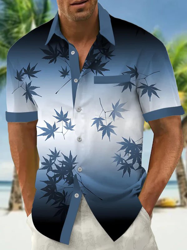 Royaura® Gradient Plant Coconut Tree Print Men's Button Pocket Short Sleeve Shirt Big & Tall