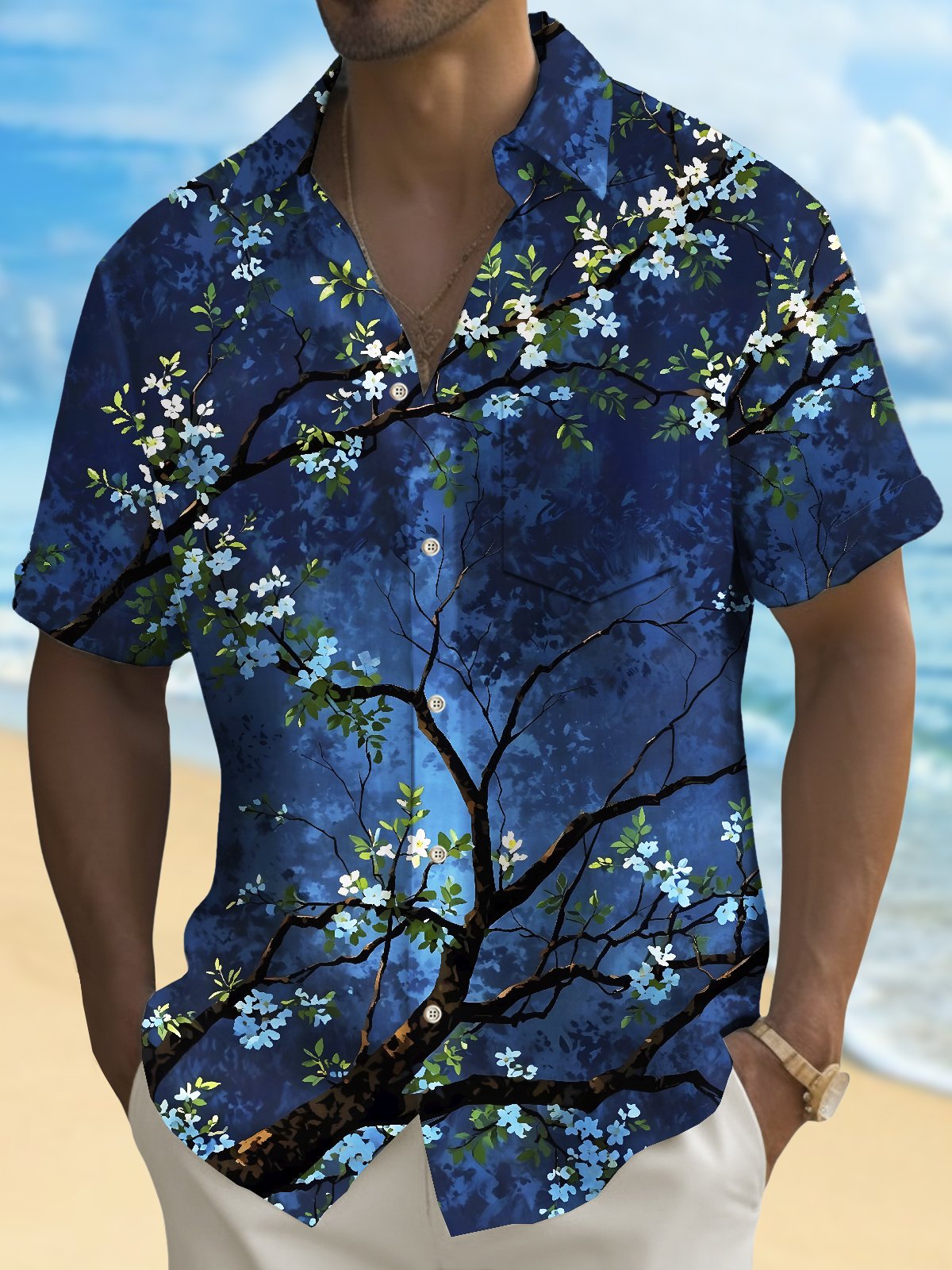 Royaura® Beach Vacation Men's Hawaiian Shirt Plant Print Pocket Camping Shirt Big Tall