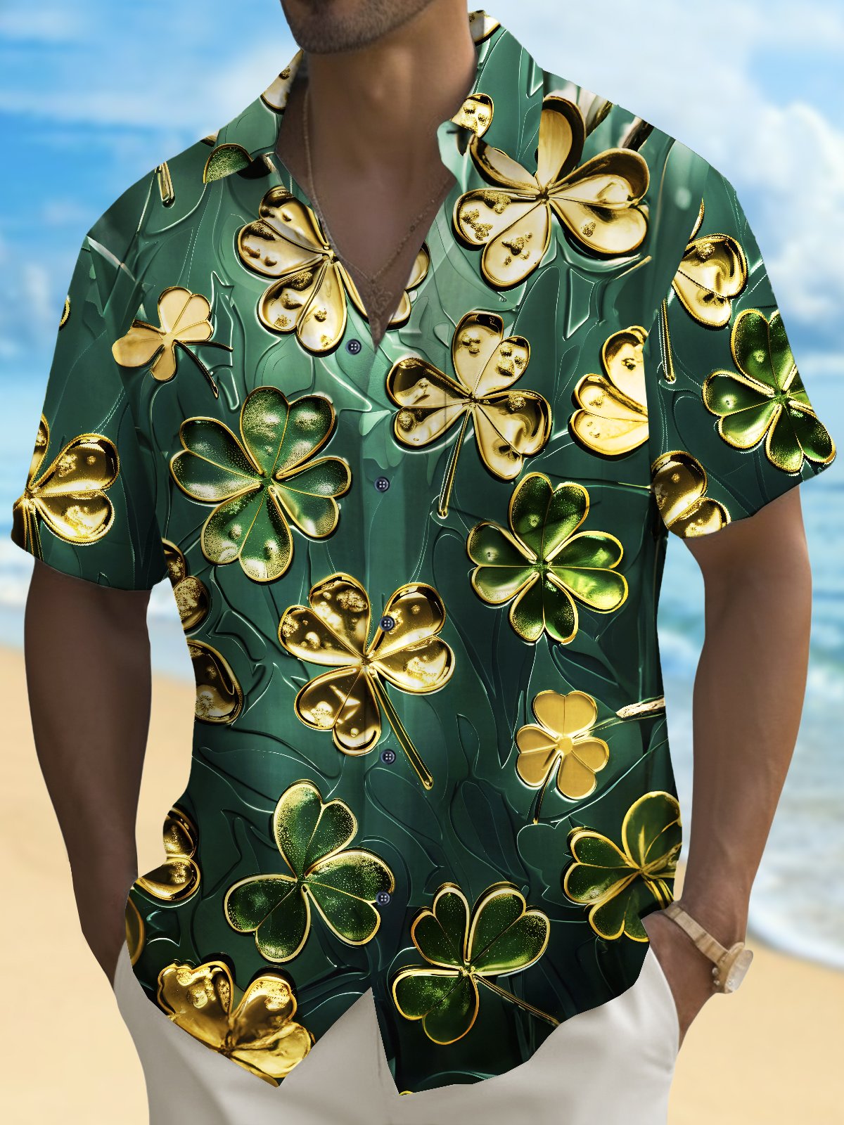 Royaura® St. Patrick's Day Irish Shamrock Lucky Print Men's Chest Pocket Stretch Hawaiian Shirt Big Tall