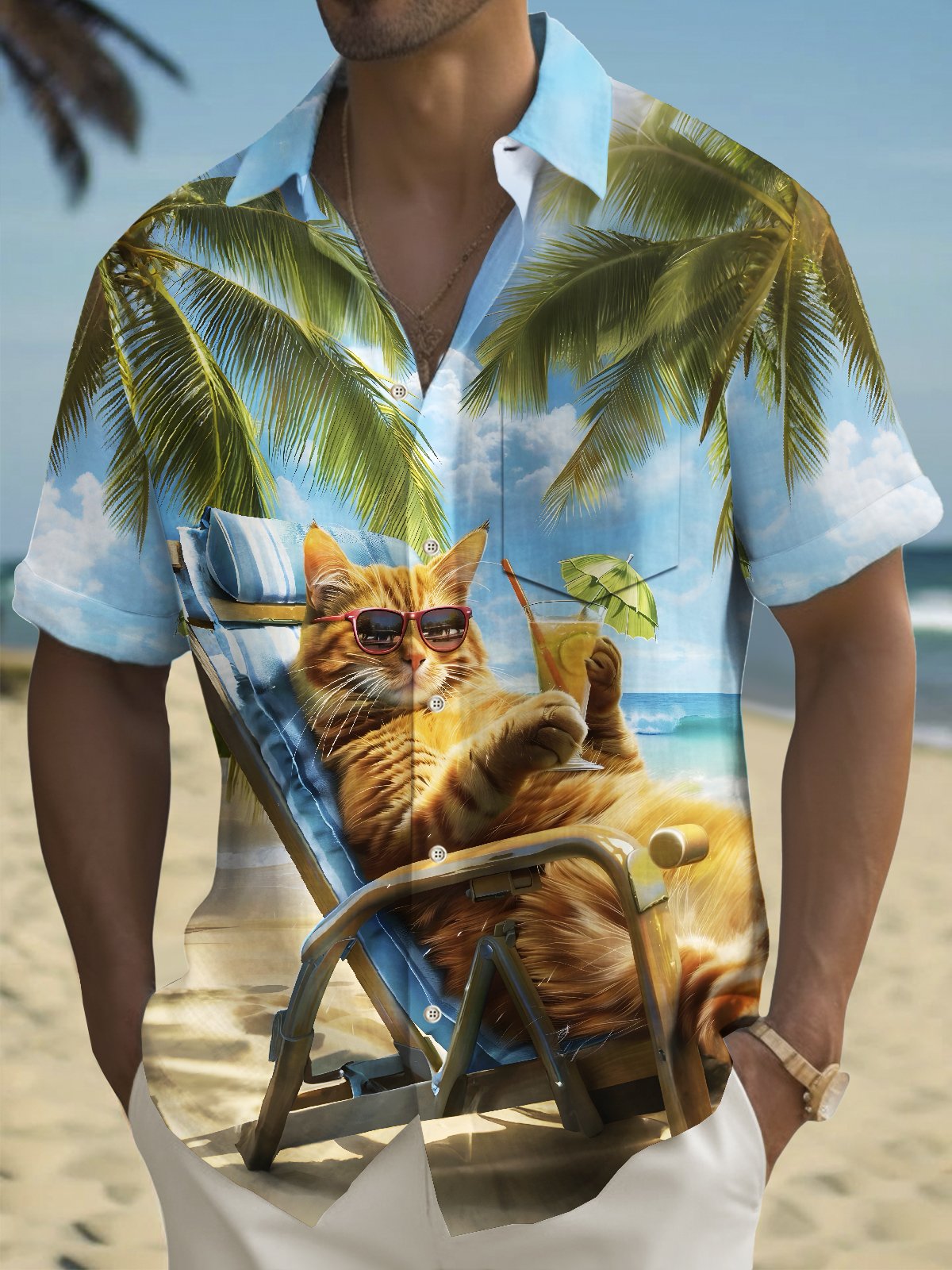 Royaura® Beach Vacation Men's Hawaiian Shirt Beach Cat Print Pocket Camping Shirt Big Tall