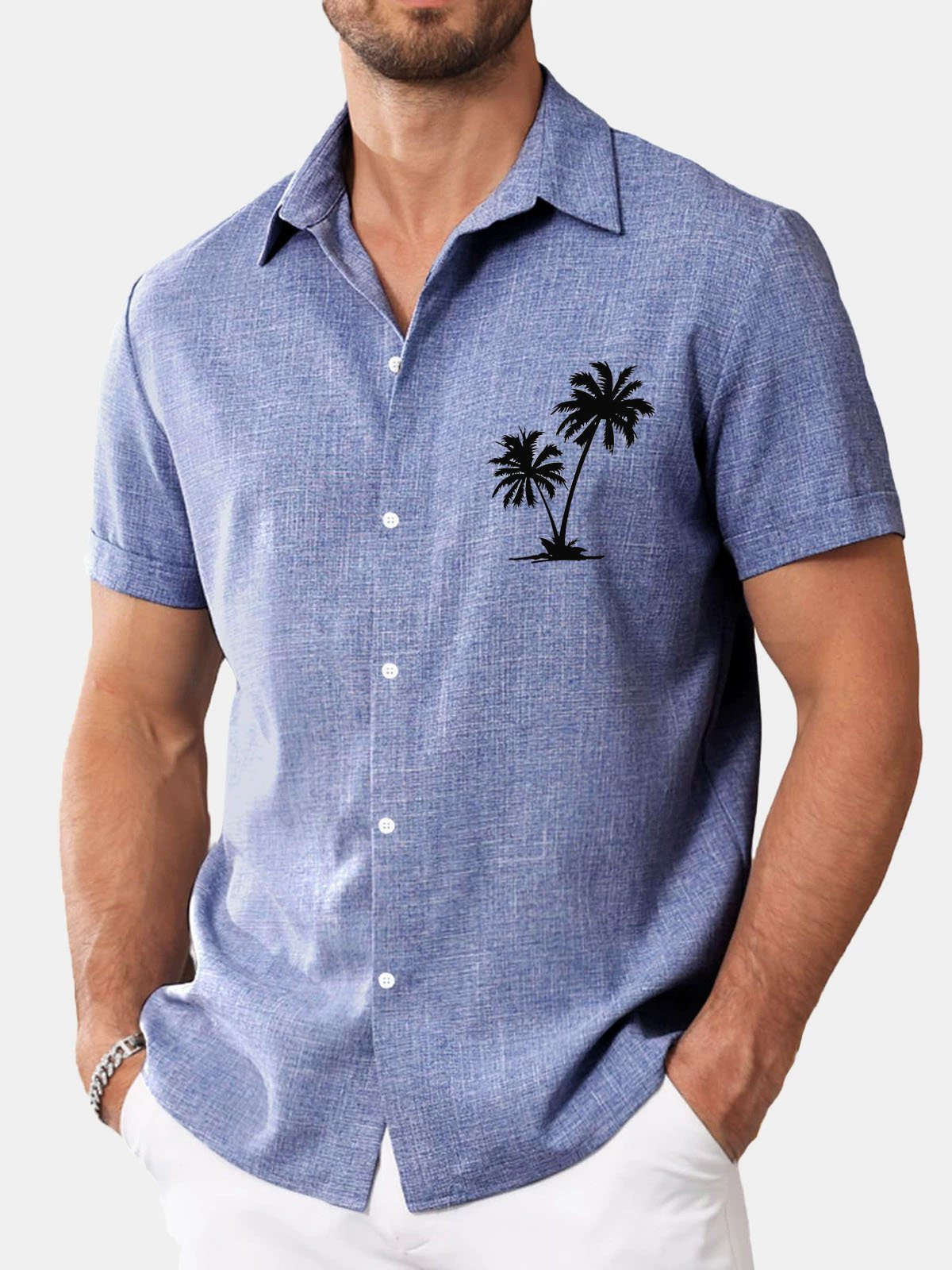 Royaura® Basic Coconut Tree Cotton and Linen Textured Print Men's Button Short Sleeve Shirt Big & Tall