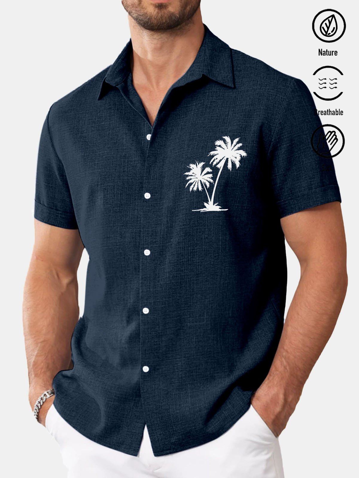 Royaura® Basic Coconut Tree Cotton and Linen Textured Print Men's Button Short Sleeve Shirt Big & Tall