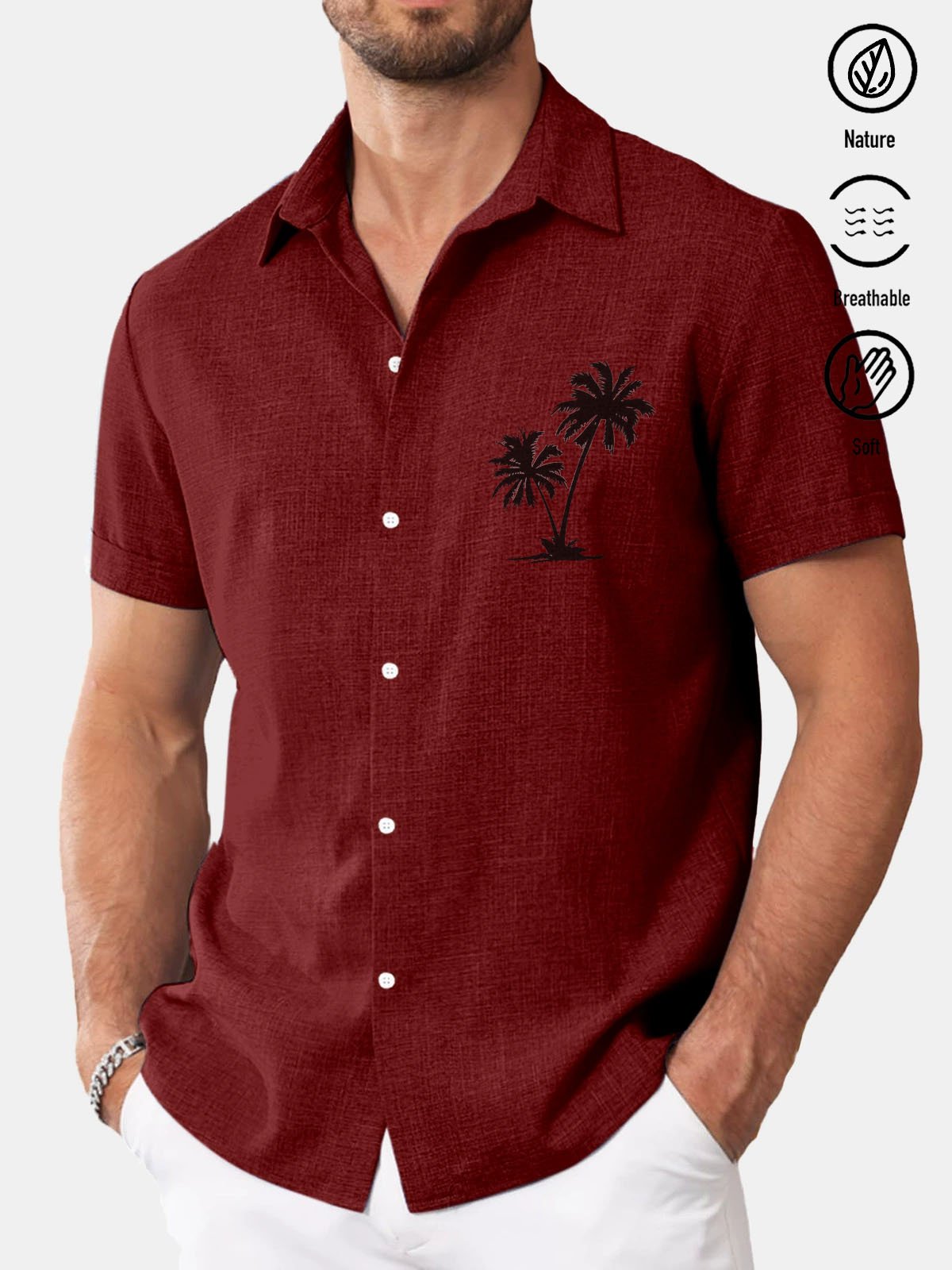 Royaura® Basic Coconut Tree Cotton and Linen Textured Print Men's Button Short Sleeve Shirt Big & Tall