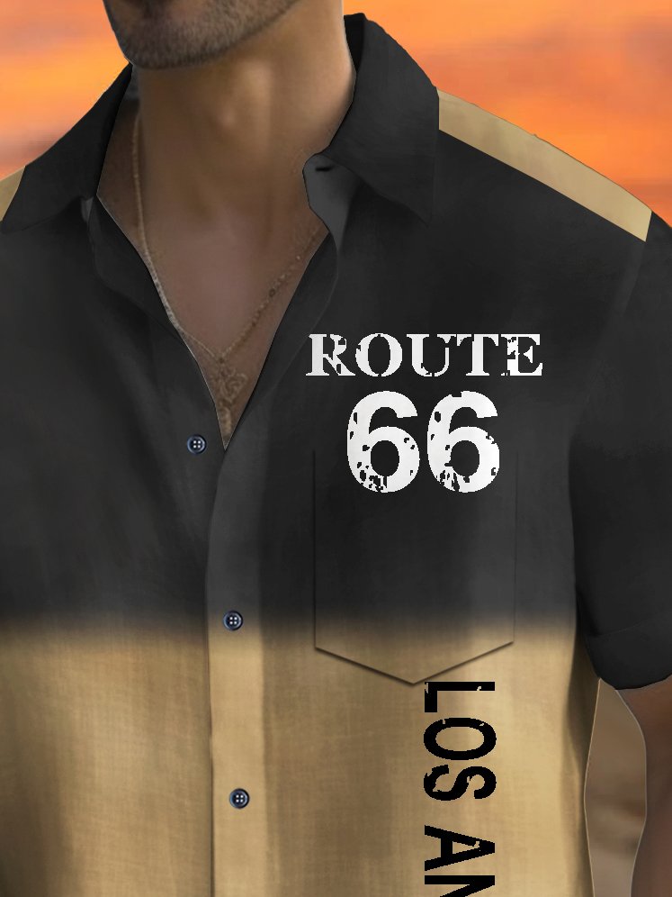 Royaura® Vintage Route 66 Print Men's Chest Pocket Stretch Hawaiian Shirt Big Tall