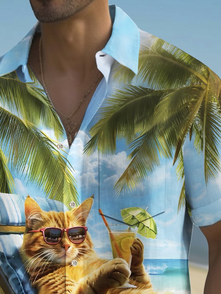 Royaura® Beach Vacation Men's Hawaiian Shirt Beach Cat Print Pocket Camping Shirt Big Tall