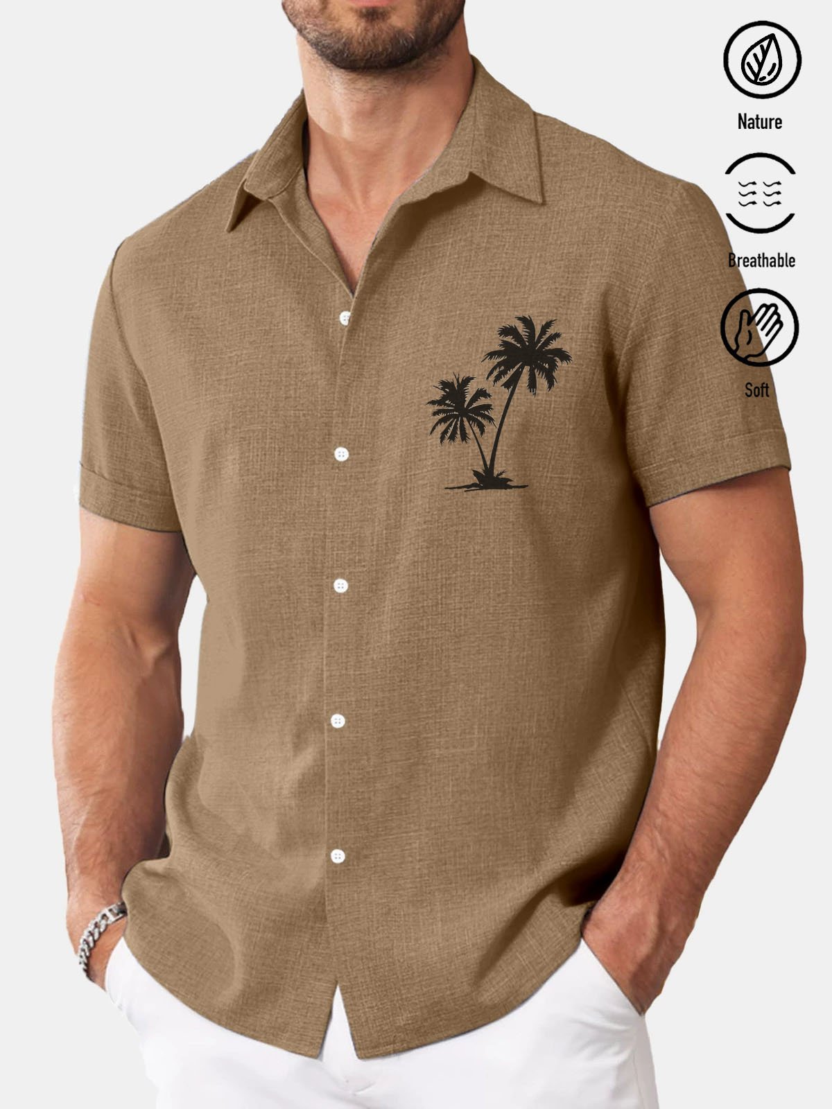 Royaura® Basic Coconut Tree Cotton and Linen Textured Print Men's Button Short Sleeve Shirt Big & Tall