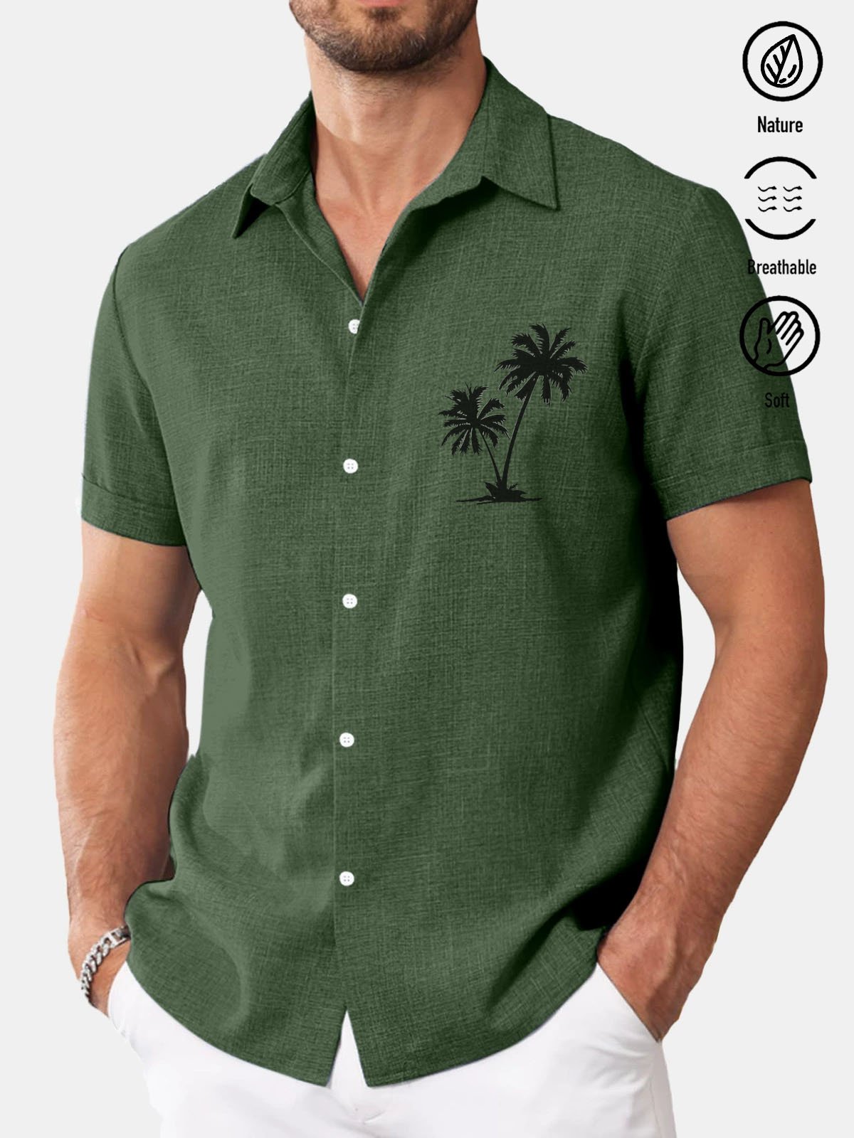 Royaura® Basic Coconut Tree Cotton and Linen Textured Print Men's Button Short Sleeve Shirt Big & Tall