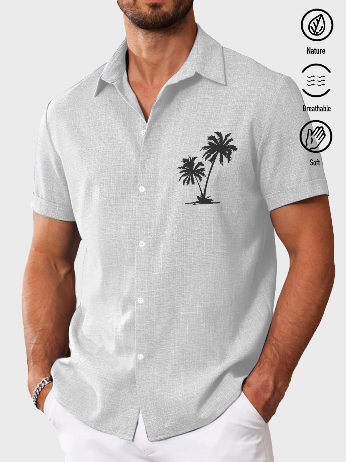 Royaura® Basic Coconut Tree Cotton and Linen Textured Print Men's Button Short Sleeve Shirt Big & Tall