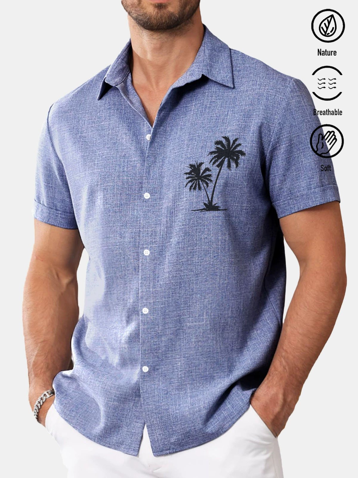 Royaura® Basic Coconut Tree Cotton and Linen Textured Print Men's Button Short Sleeve Shirt Big & Tall