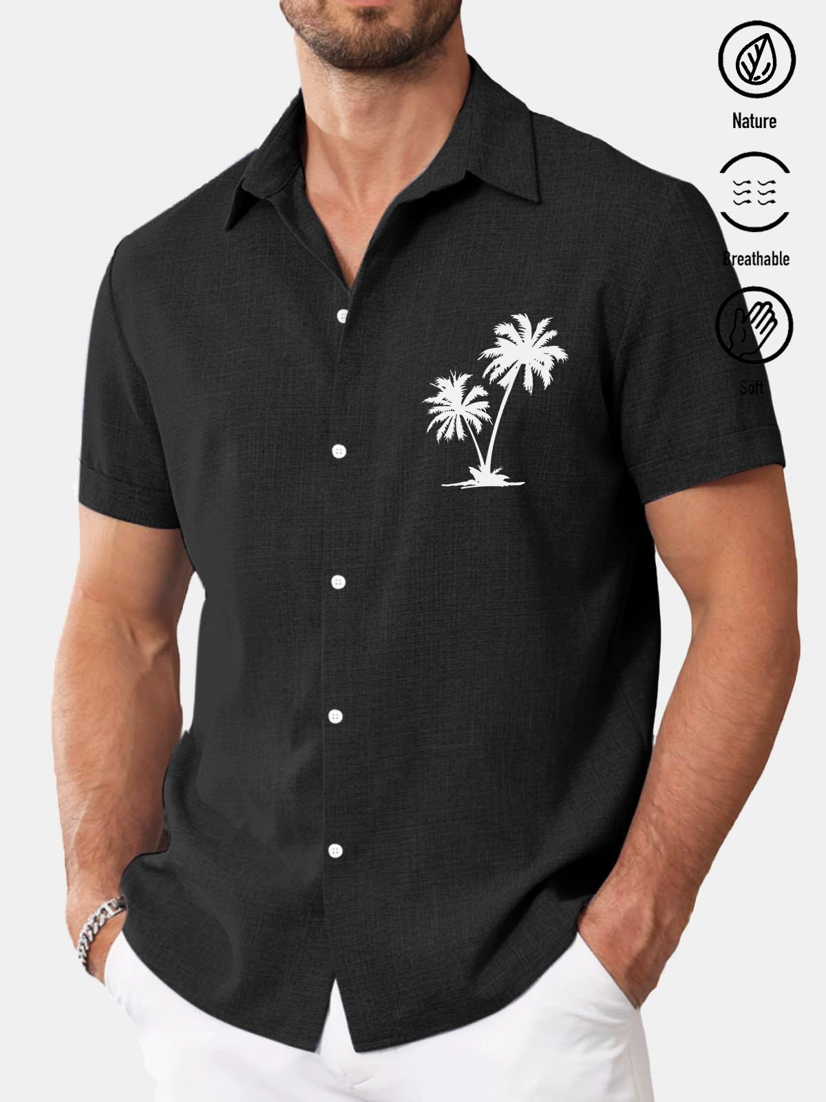 Royaura® Basic Coconut Tree Cotton and Linen Textured Print Men's Button Short Sleeve Shirt Big & Tall