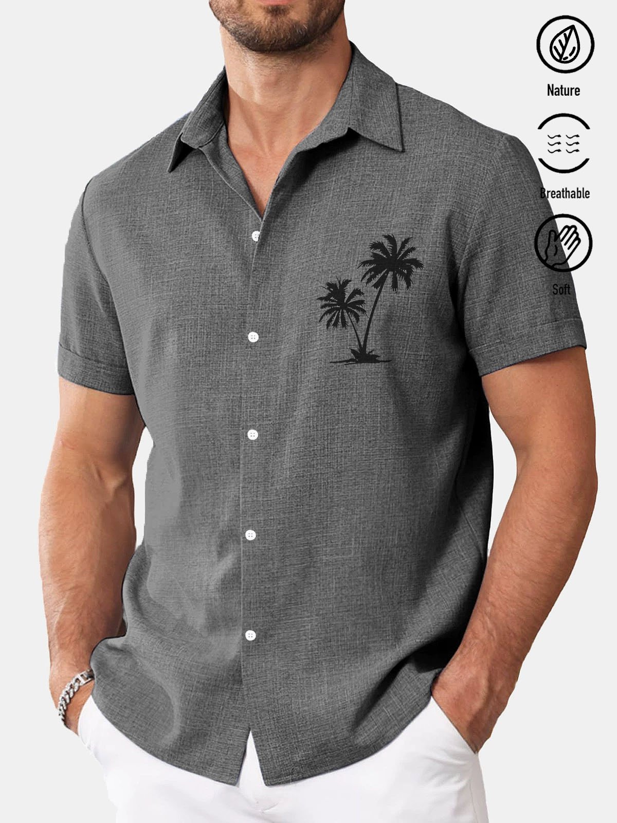 Royaura® Basic Coconut Tree Cotton and Linen Textured Print Men's Button Short Sleeve Shirt Big & Tall