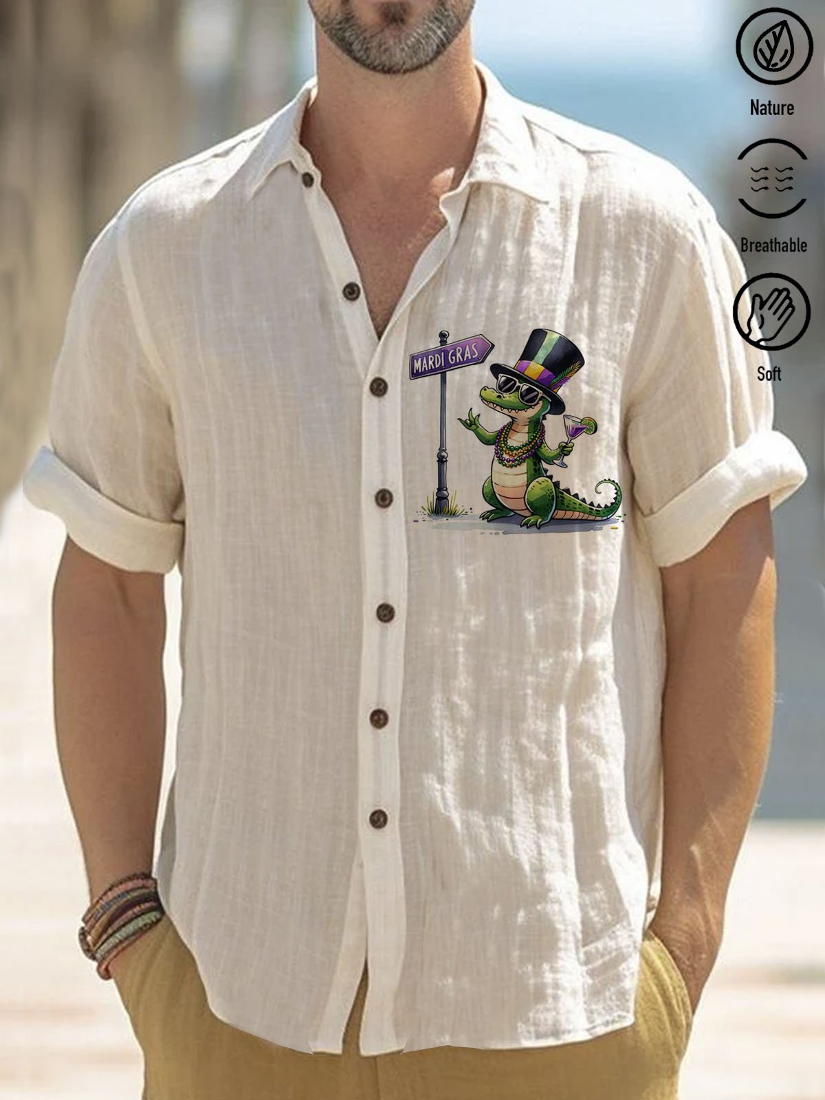 Royaura® White Cotton and Linen Carnival Dinosaur Button Pocket Short Sleeve Shirt Big & Tall