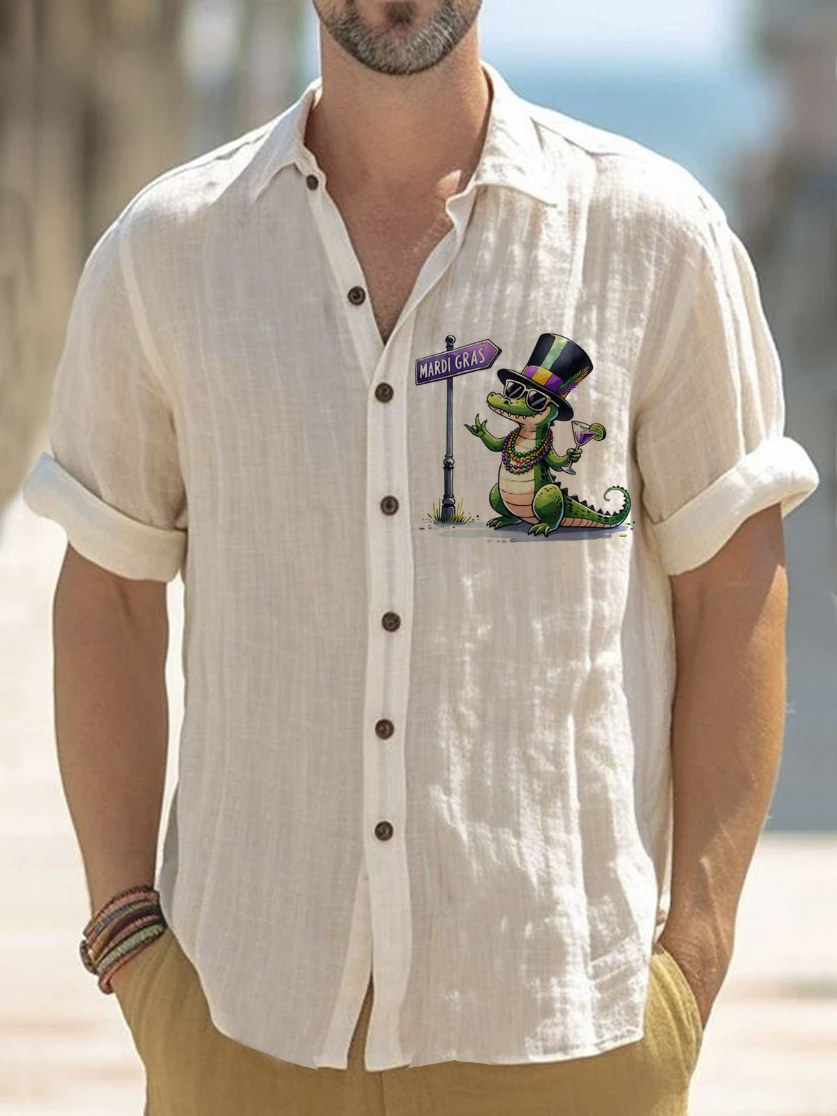 Royaura® White Cotton and Linen Carnival Dinosaur Button Pocket Short Sleeve Shirt Big & Tall