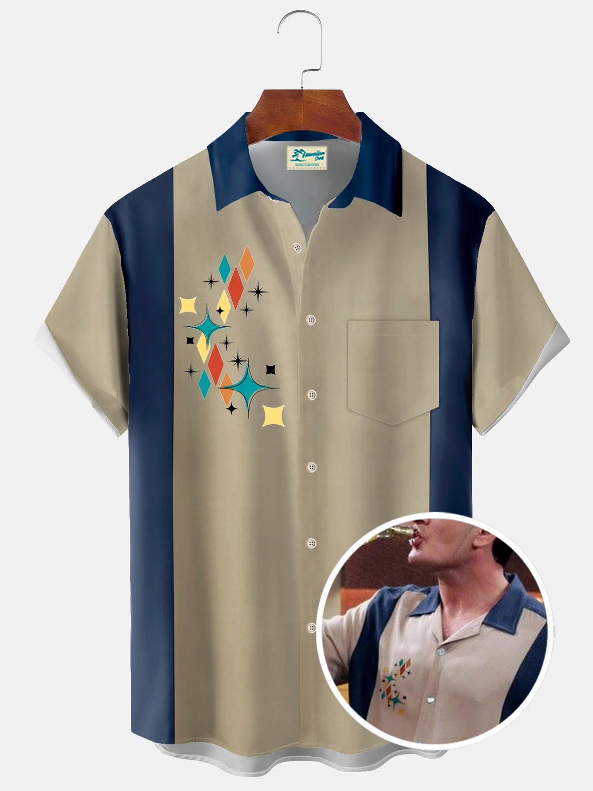 Royaura® Contrast bowling geometric button pocket short sleeve shirt  Big & Tall