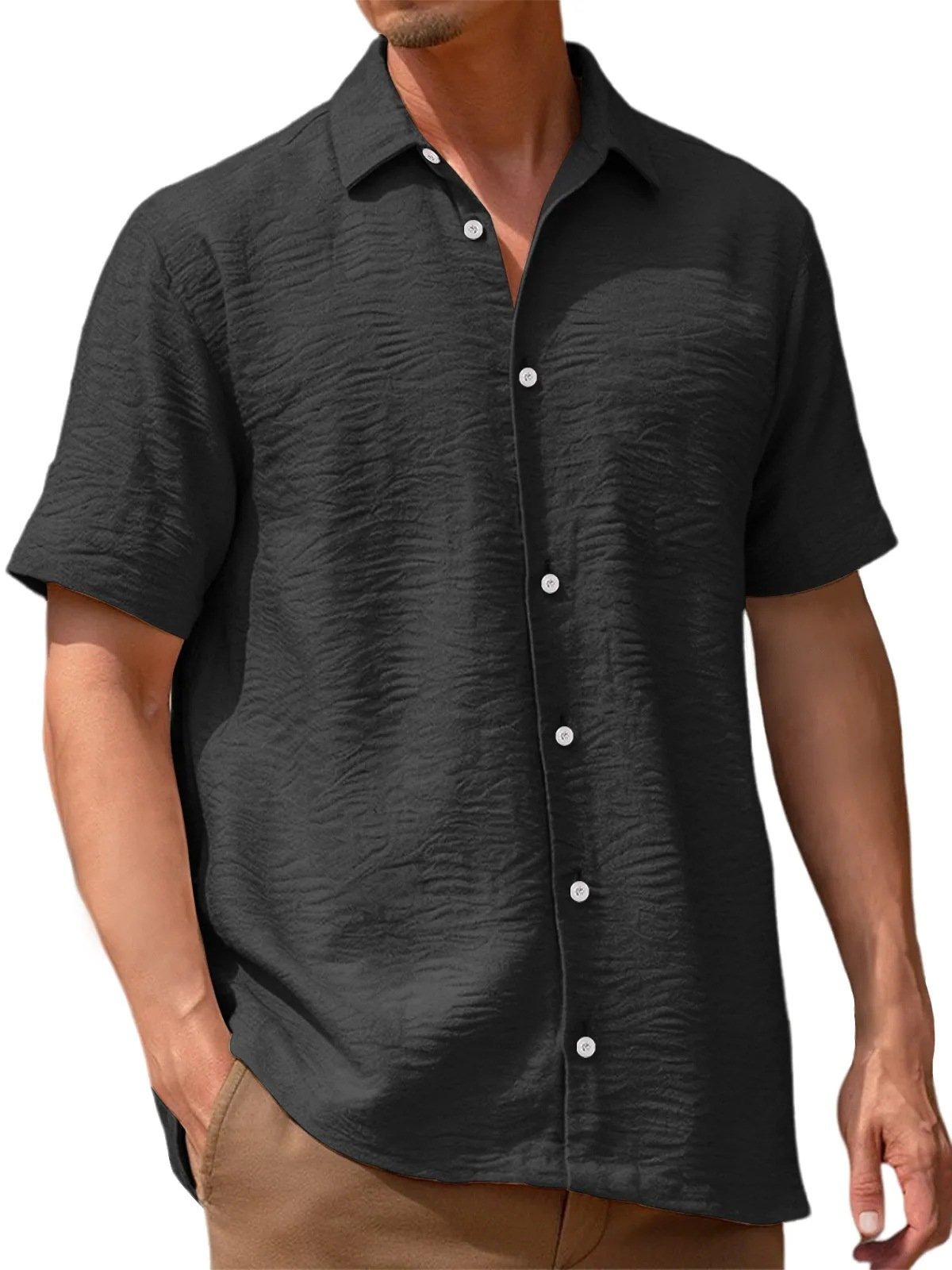 Royaura® Basic Pleated Plain Printed Men's Chest Pocket Stretch Hawaiian Shirt Big Tall