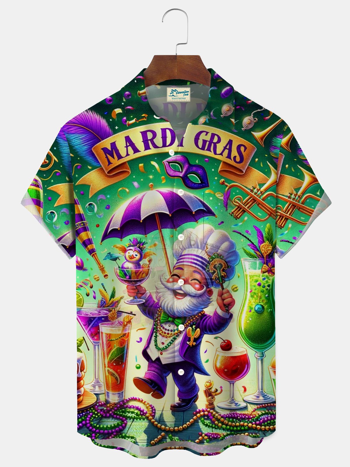 Royaura® Mardi Gras Cocktail Print Men's Button Down Short Sleeve Shirt Big & Tall