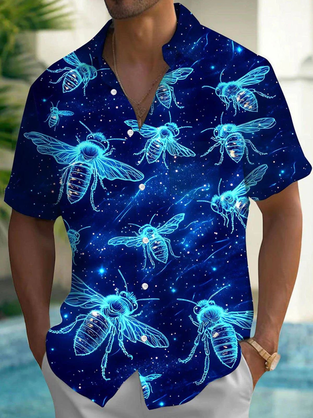 Royaura® Art Bee Print Men's Short Sleeve Button Shirt Big & Tall