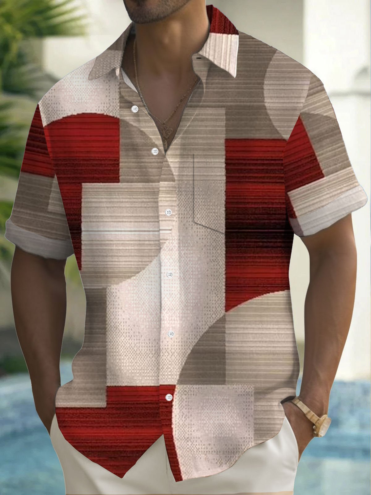 Royaura® Retro Geometric Color Block Print Men's Button Down Short Sleeve Shirt Big & Tall