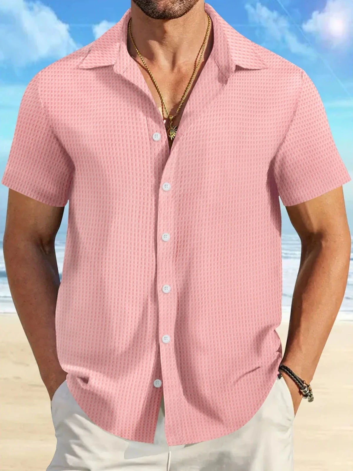 Royaura® Basic Waffle Men's Button-Down Short Sleeve Shirt Big & Tall