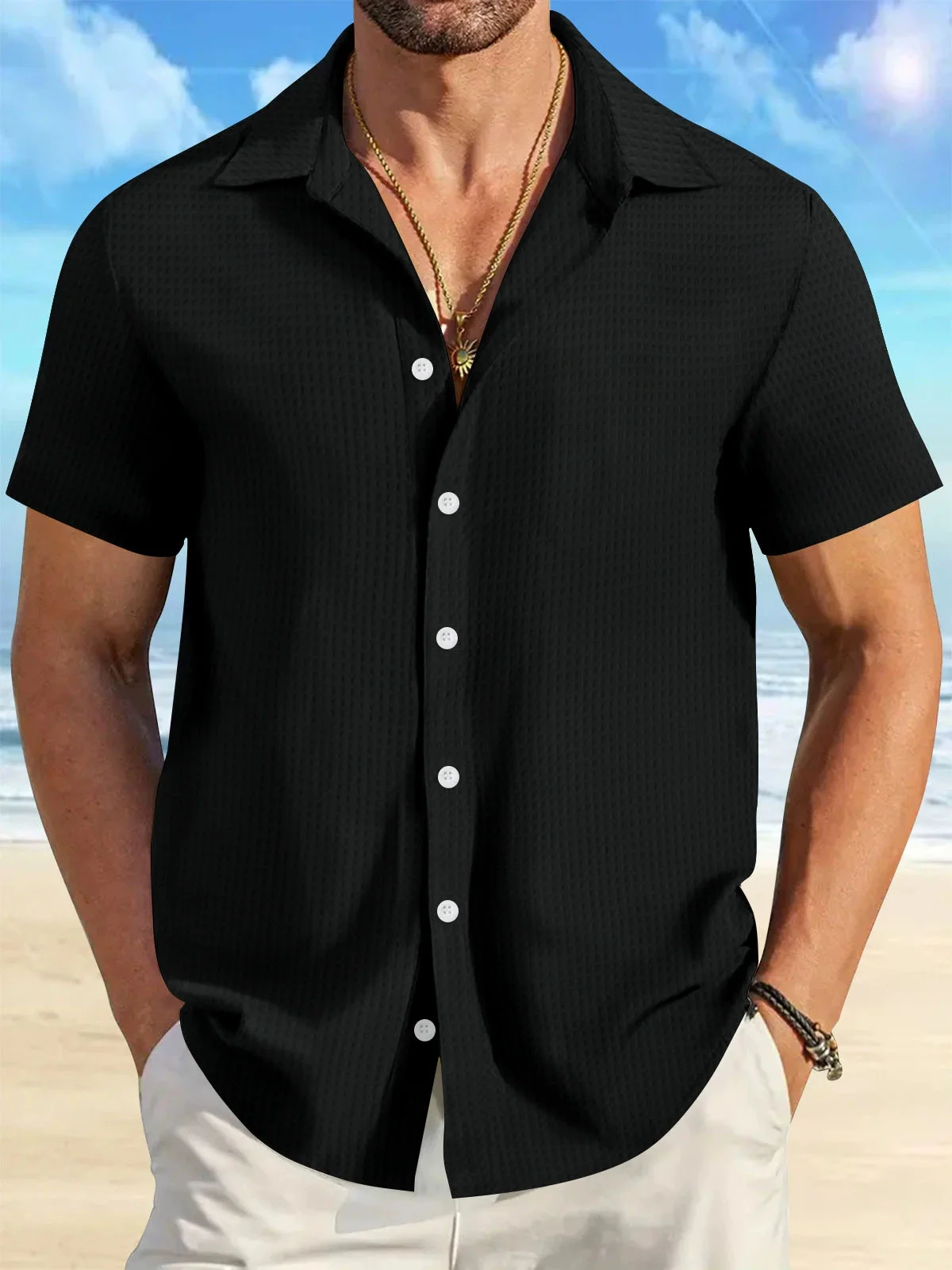 Royaura® Basic Waffle Men's Button-Down Short Sleeve Shirt Big & Tall