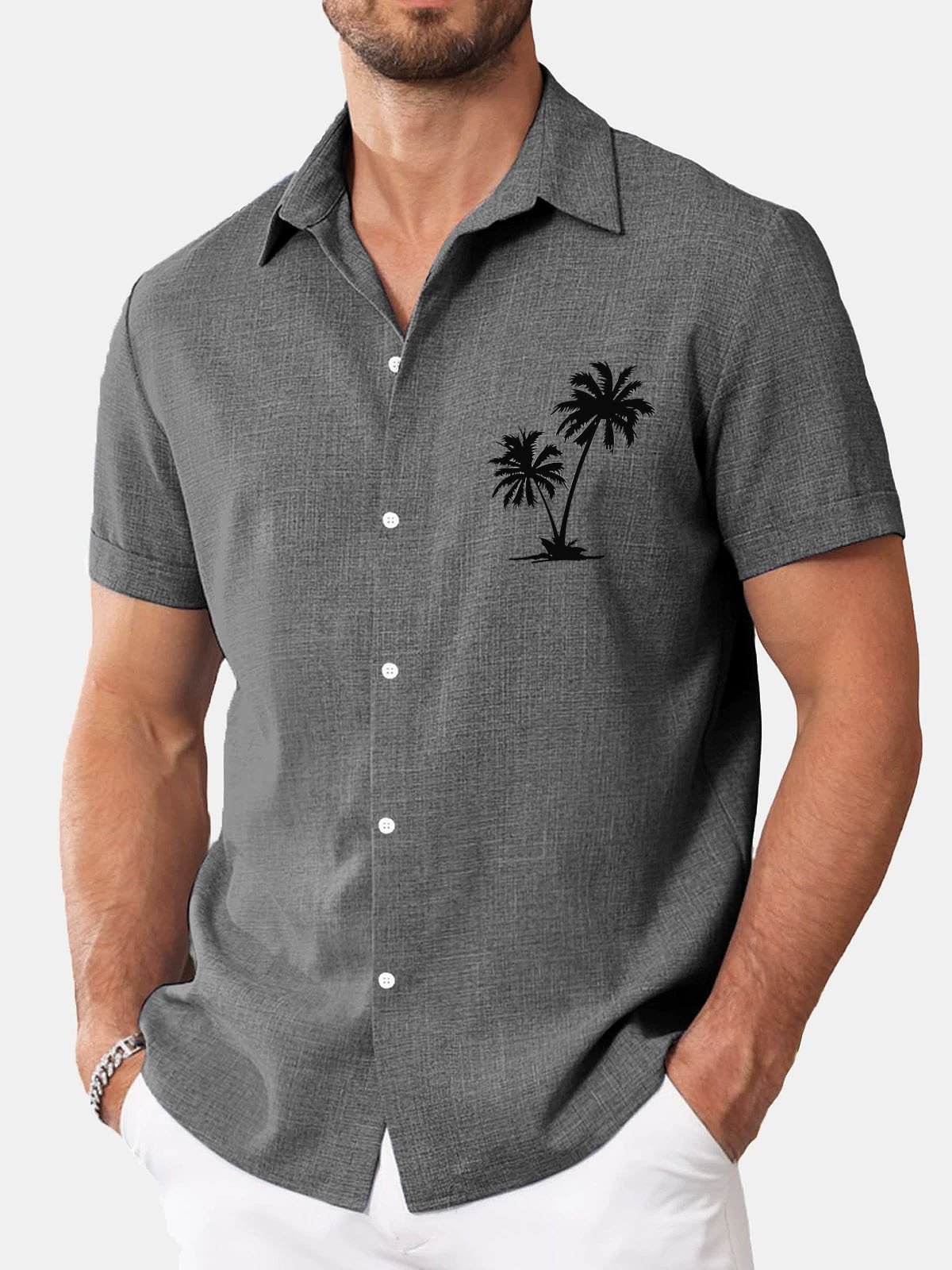 Royaura® Basic Coconut Tree Cotton and Linen Textured Print Men's Button Short Sleeve Shirt Big & Tall