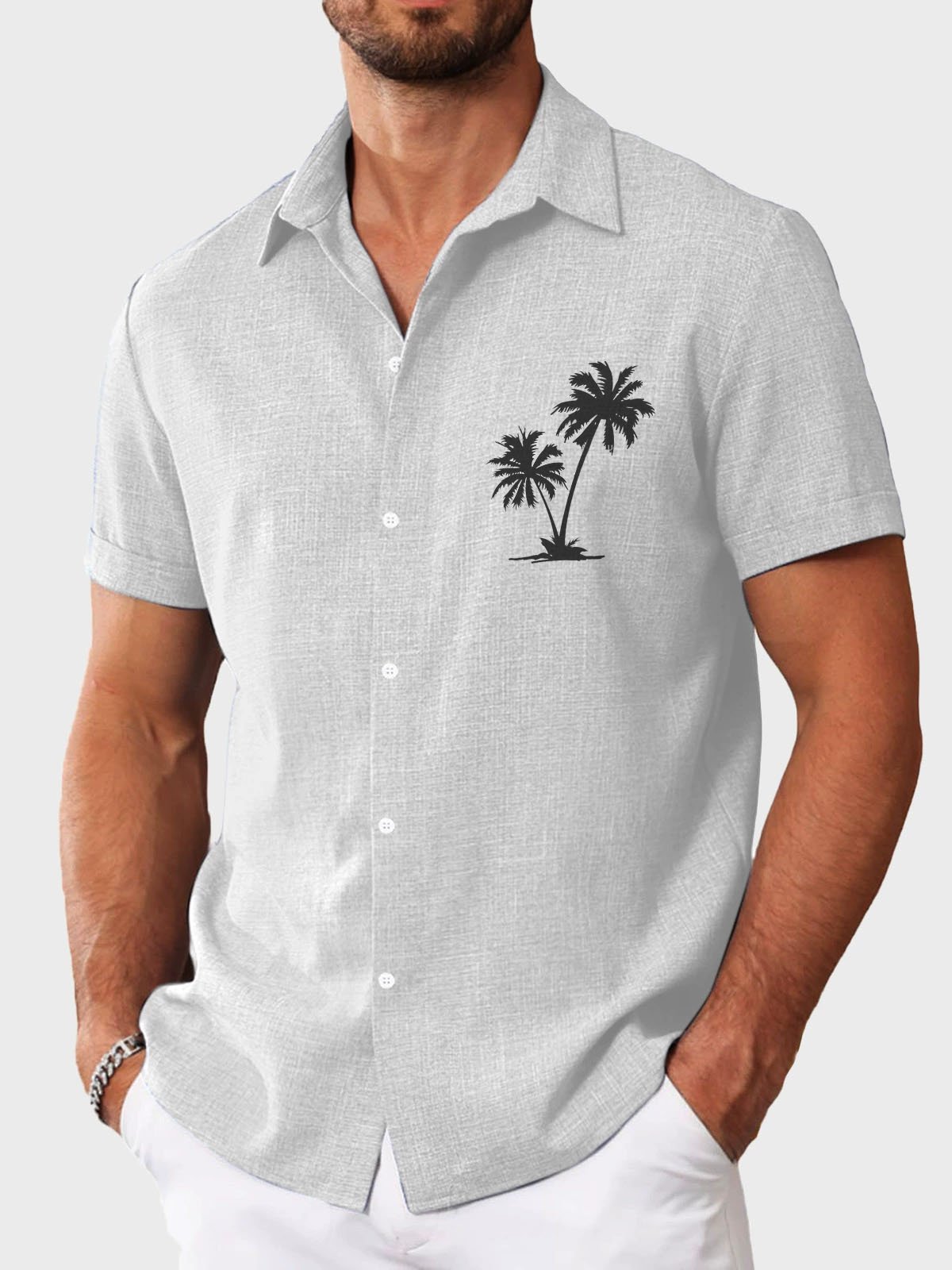 Royaura® Basic Coconut Tree Cotton and Linen Textured Print Men's Button Short Sleeve Shirt Big & Tall