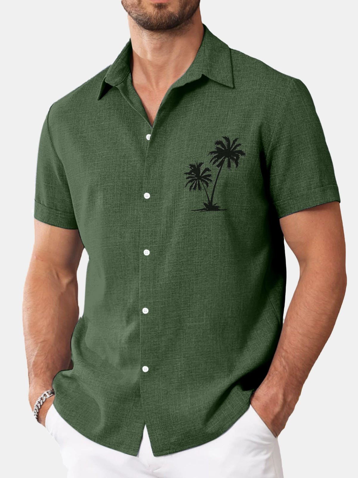 Royaura® Basic Coconut Tree Cotton and Linen Textured Print Men's Button Short Sleeve Shirt Big & Tall