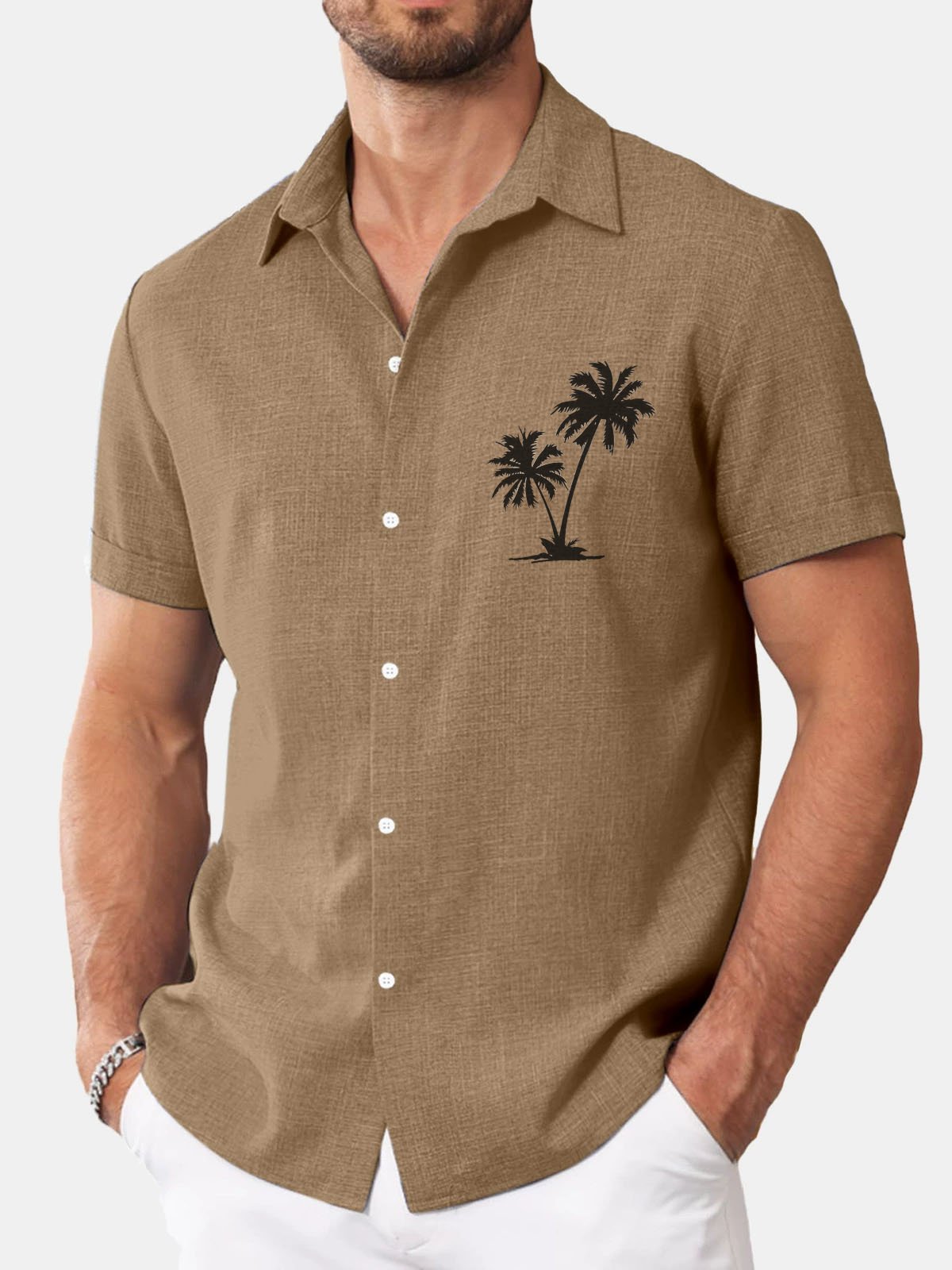 Royaura® Basic Coconut Tree Cotton and Linen Textured Print Men's Button Short Sleeve Shirt Big & Tall