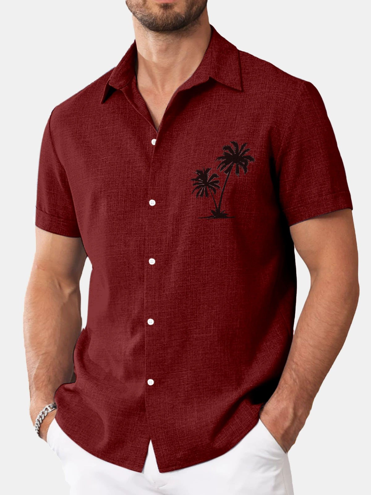 Royaura® Basic Coconut Tree Cotton and Linen Textured Print Men's Button Short Sleeve Shirt Big & Tall