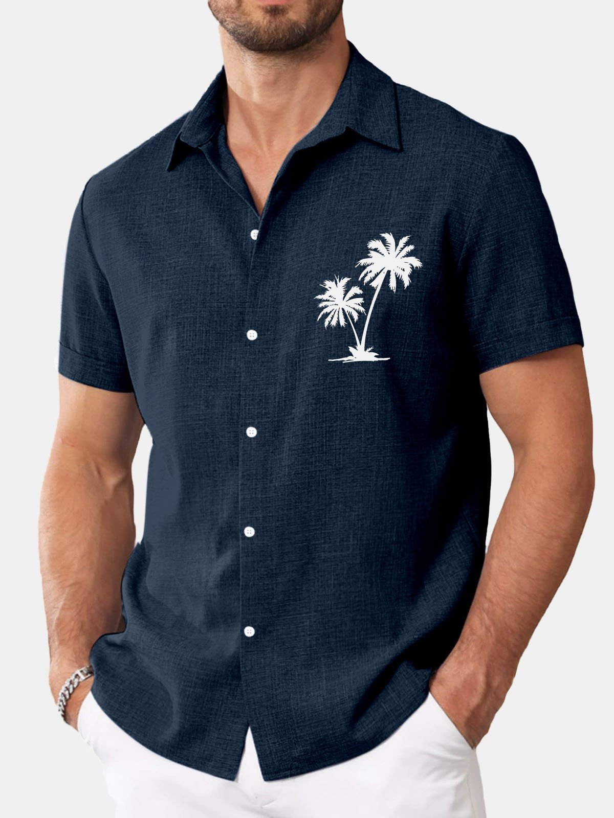 Royaura® Basic Coconut Tree Cotton and Linen Textured Print Men's Button Short Sleeve Shirt Big & Tall