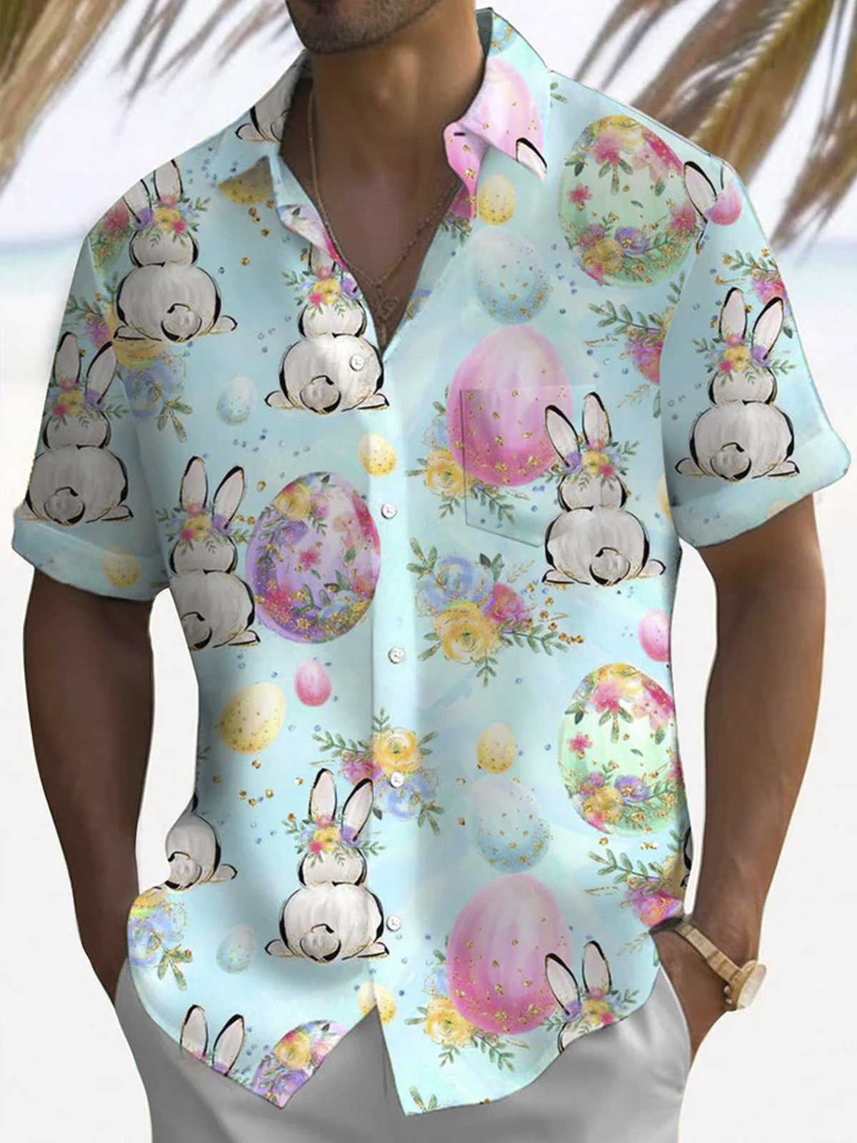 Royaura® Easter Bunny Egg Button Pocket Short Sleeve Shirt Big & Tall