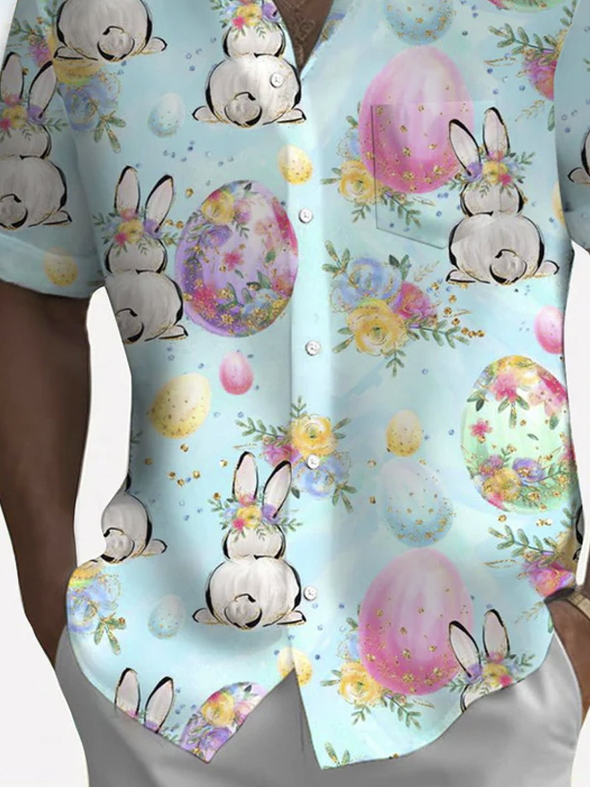 Royaura® Easter Bunny Egg Button Pocket Short Sleeve Shirt Big & Tall