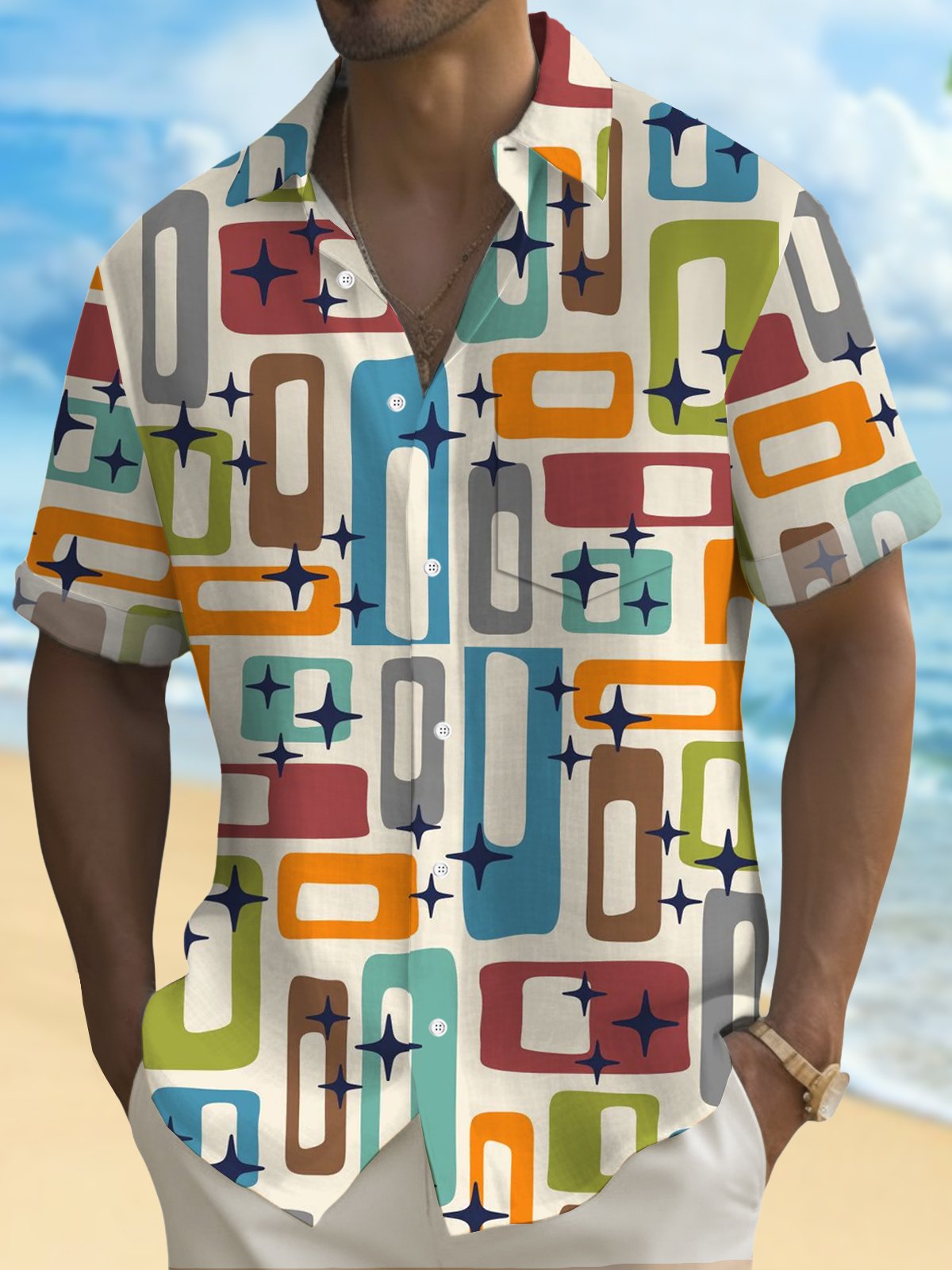 Royaura® Retro Geometric Atom Graphic Print Men's Button Pocket Short Sleeve Shirt Big & Tall