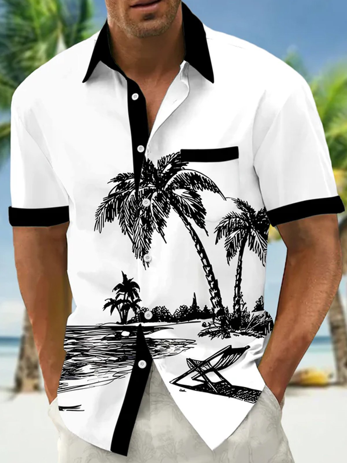 Royaura® Hawaiian Coconut Tree Print Men's Button Pocket Short Sleeve Shirt Big & Tall