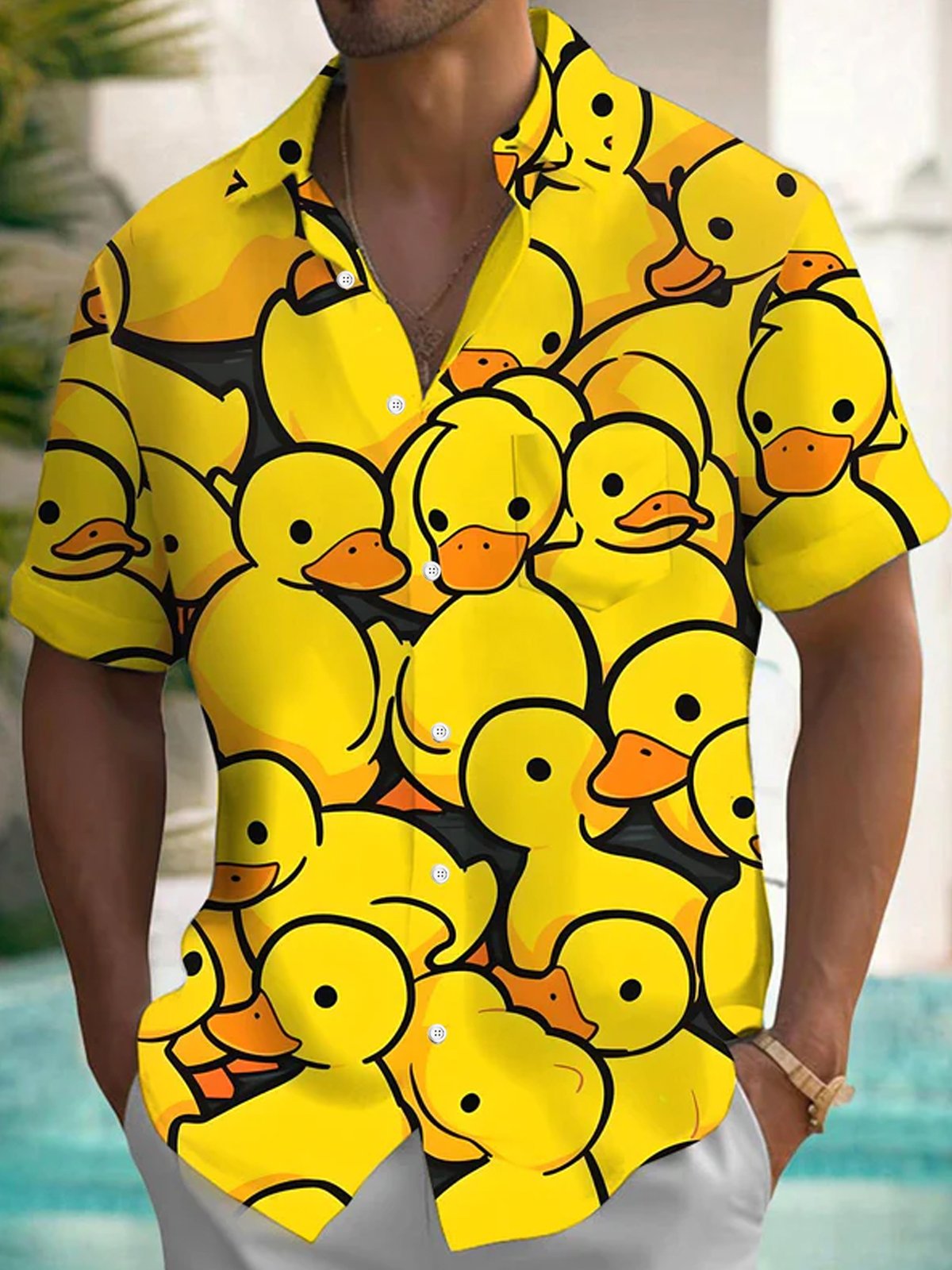 Royaura® Hawaiian Duck Cartoon Print Men's Button Pocket Short Sleeve Shirt Big & Tall