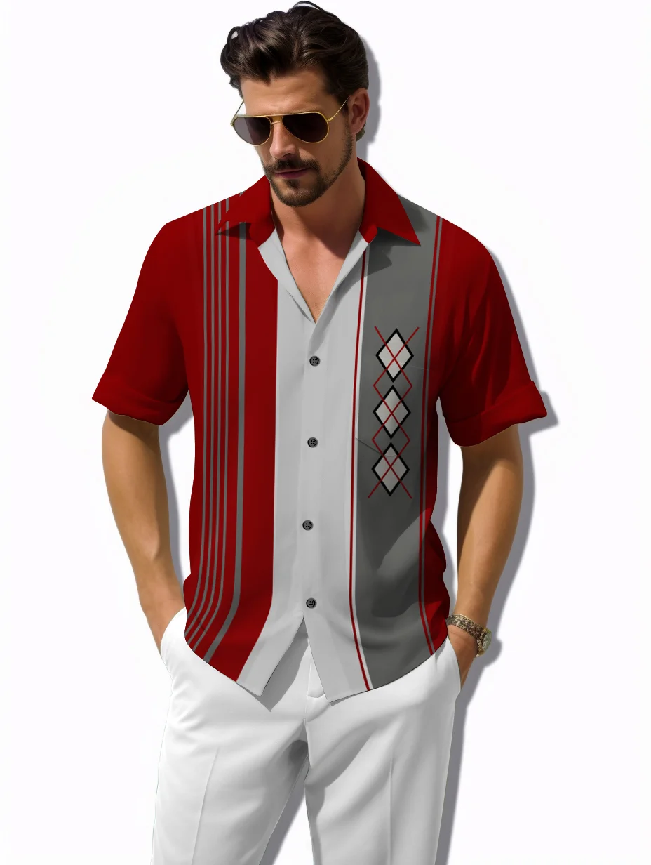 Royaura®  50's Retro Mid-Century Geometric Men's Bowling Shirts Stretch Plus Size Aloha Camp Pocket Shirts