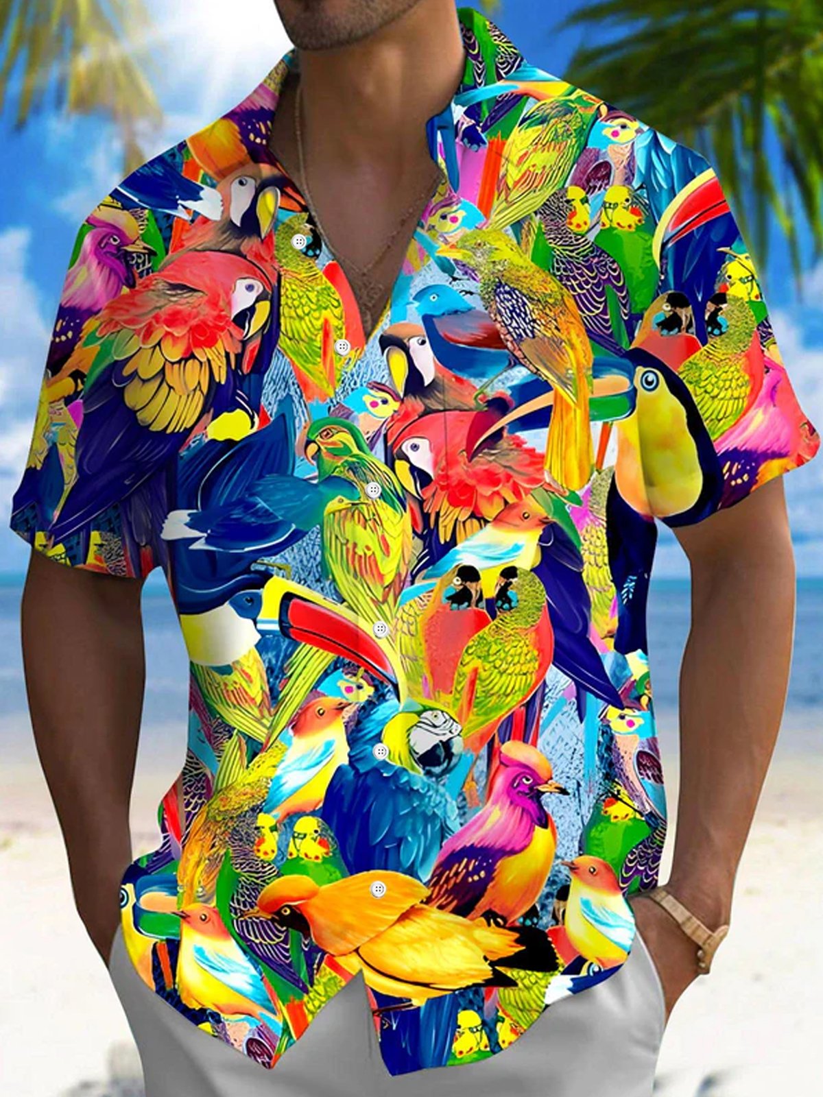 Royaura® Hawaiian Parrot Print Men's Button Pocket Short Sleeve Shirt Big & Tall