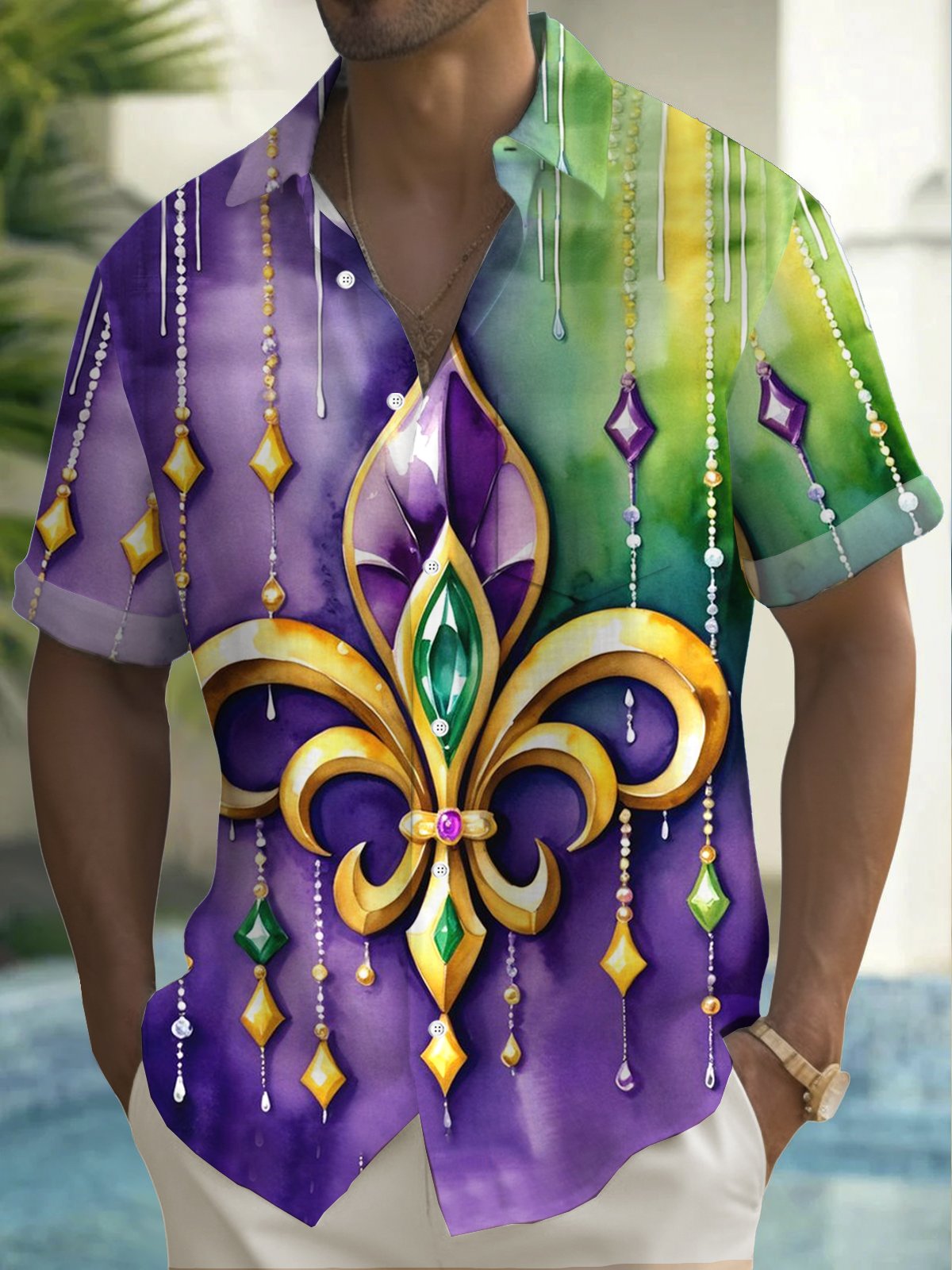 Royaura® Mardi Gras Print Men's Button Pocket Short Sleeve Shirt Big & Tall