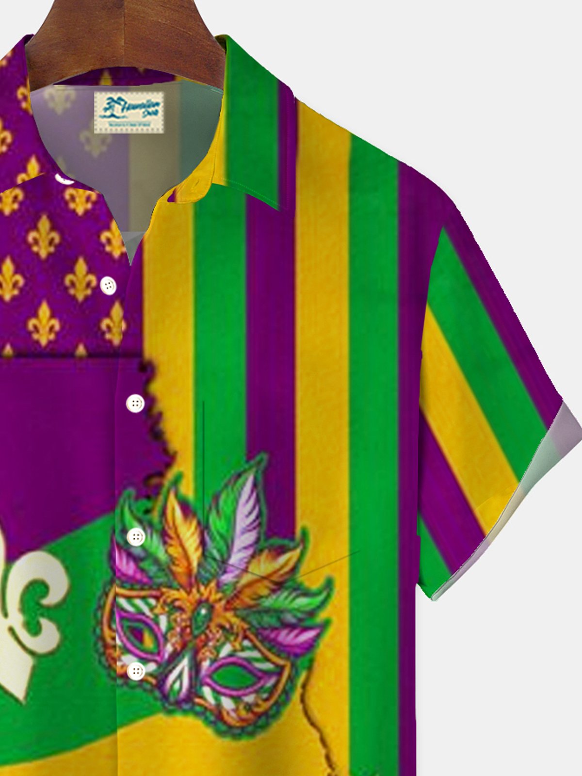 Royaura® Mardi Gras Flag Mask Print Men's Button Pocket Short Sleeve Shirt Big & Tall