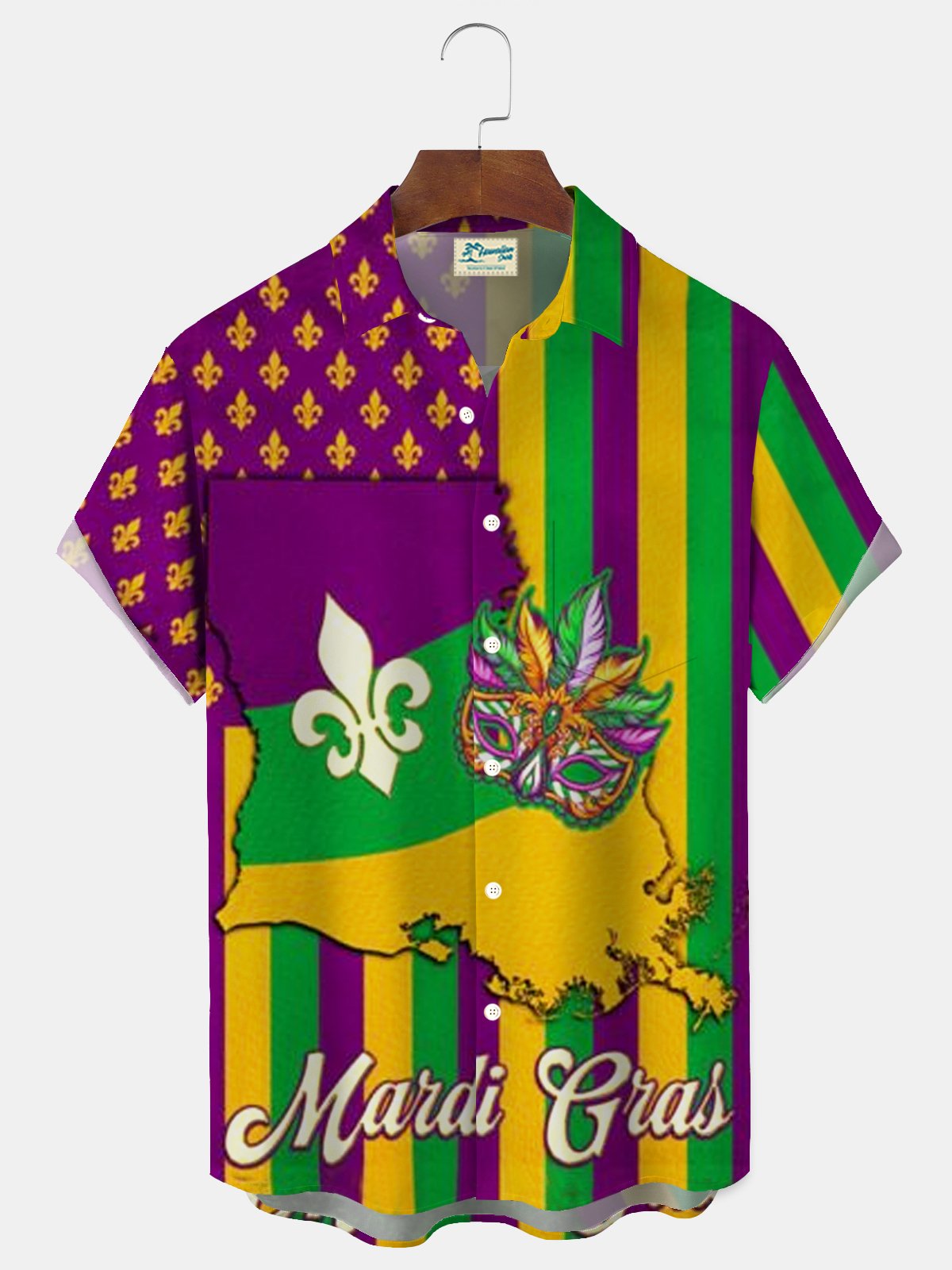 Royaura® Mardi Gras Flag Mask Print Men's Button Pocket Short Sleeve Shirt Big & Tall