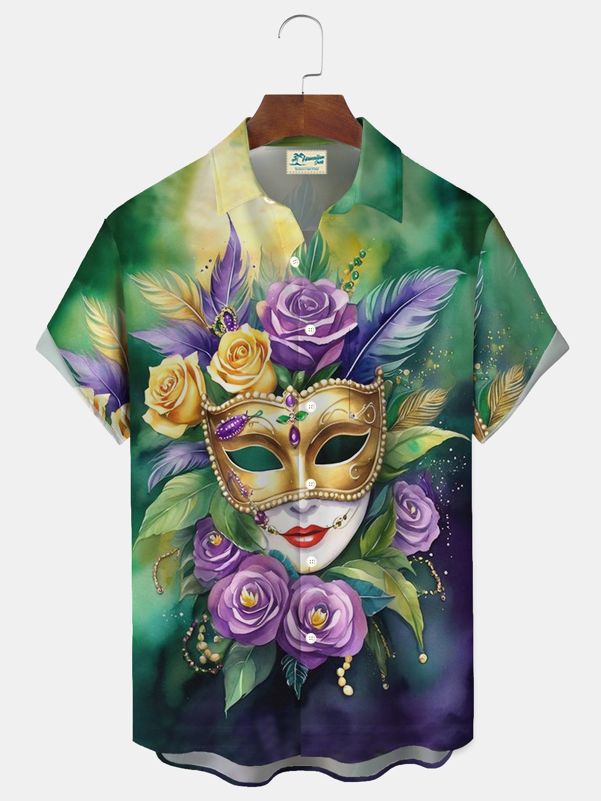 Royaura® Mardi Gras Mask Floral Print Men's Button Pocket Short Sleeve Shirt Big & Tall