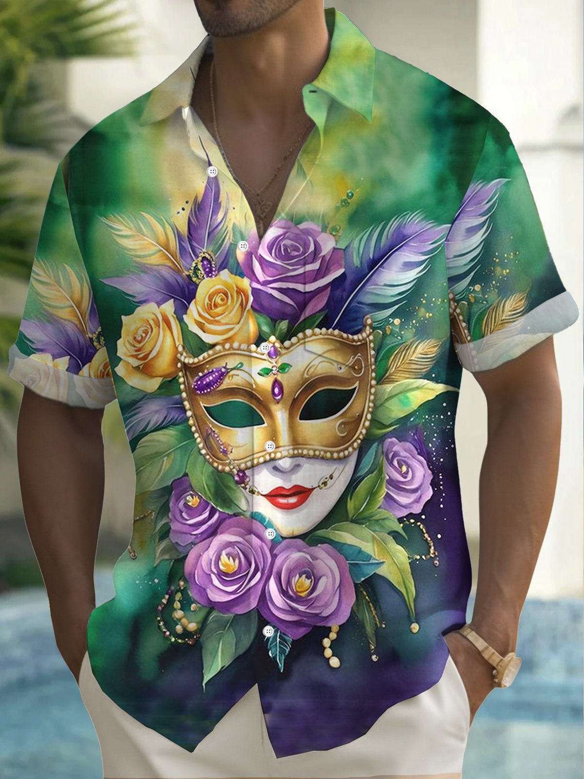 Royaura® Mardi Gras Mask Floral Print Men's Button Pocket Short Sleeve Shirt Big & Tall