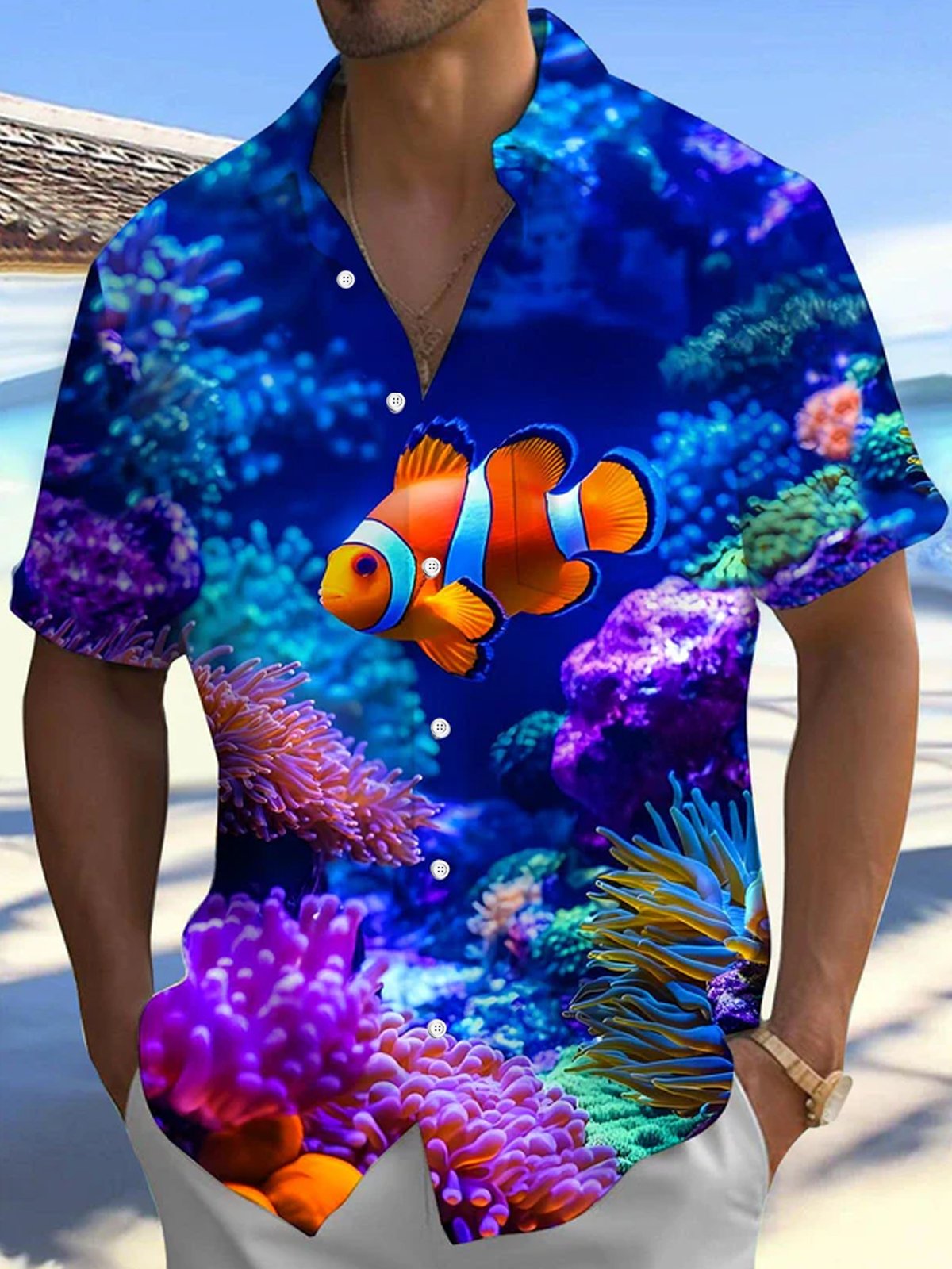 Royaura® Hawaiian Sea Life Fish Print Men's Button Pocket Short Sleeve Shirt Big & Tall