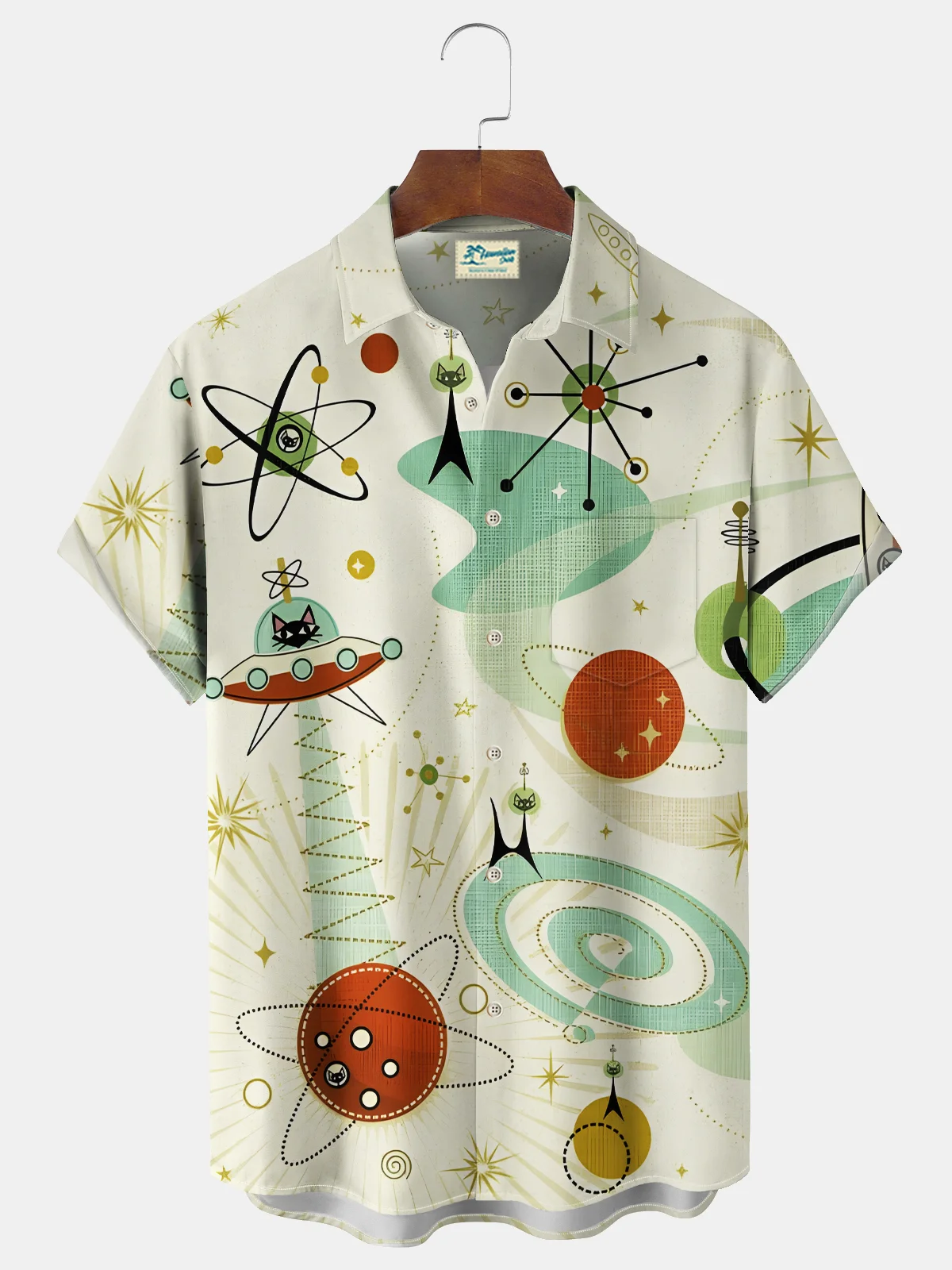 Royaura® Vintage Mid Century Geometric Space Cat Boomerang Print Chest Pocket Stretch Hawaiian Shirt Big Tall