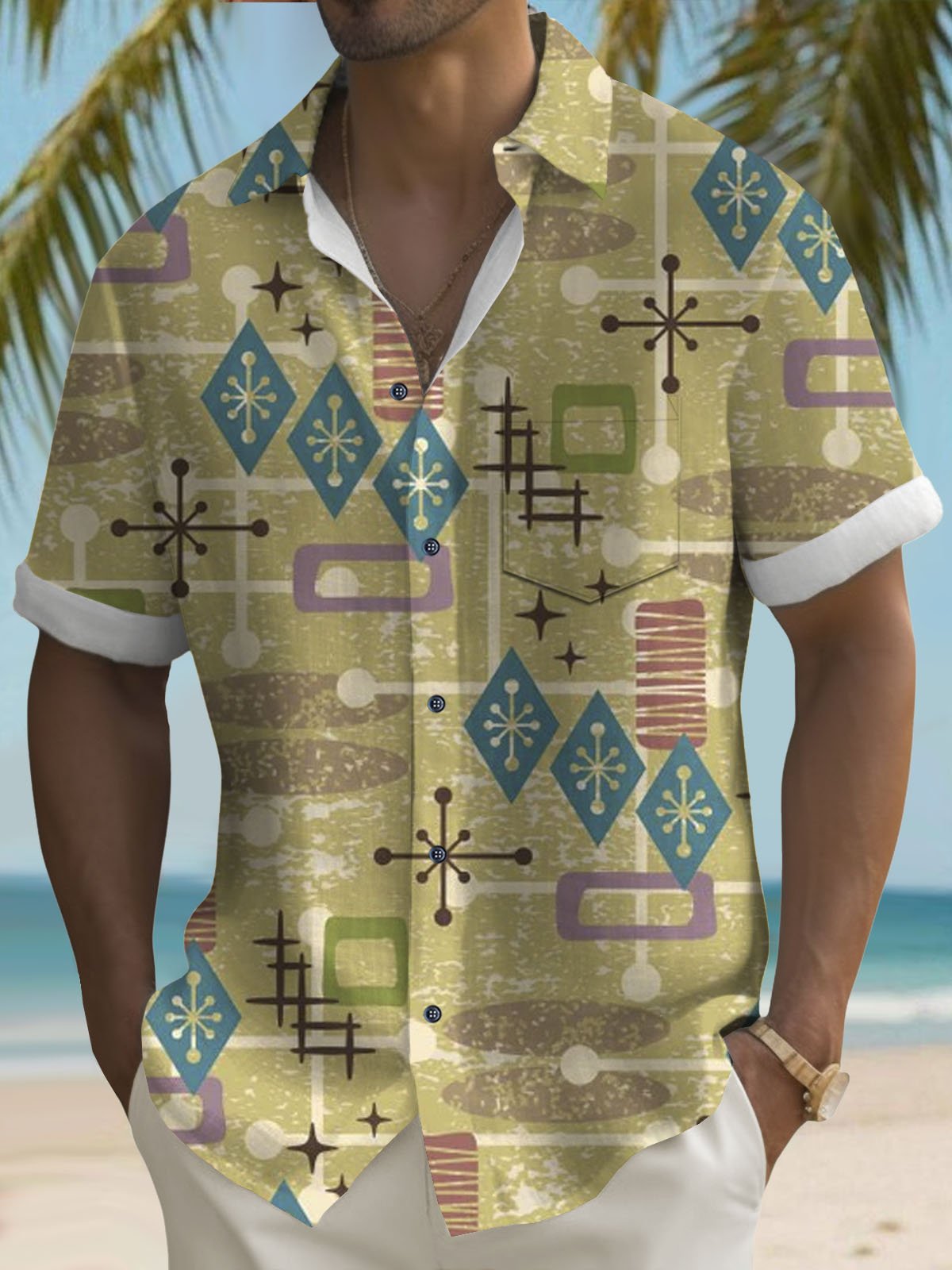 Royaura® Geometric Pattern Button Pocket Short Sleeve Shirt Big & Tall