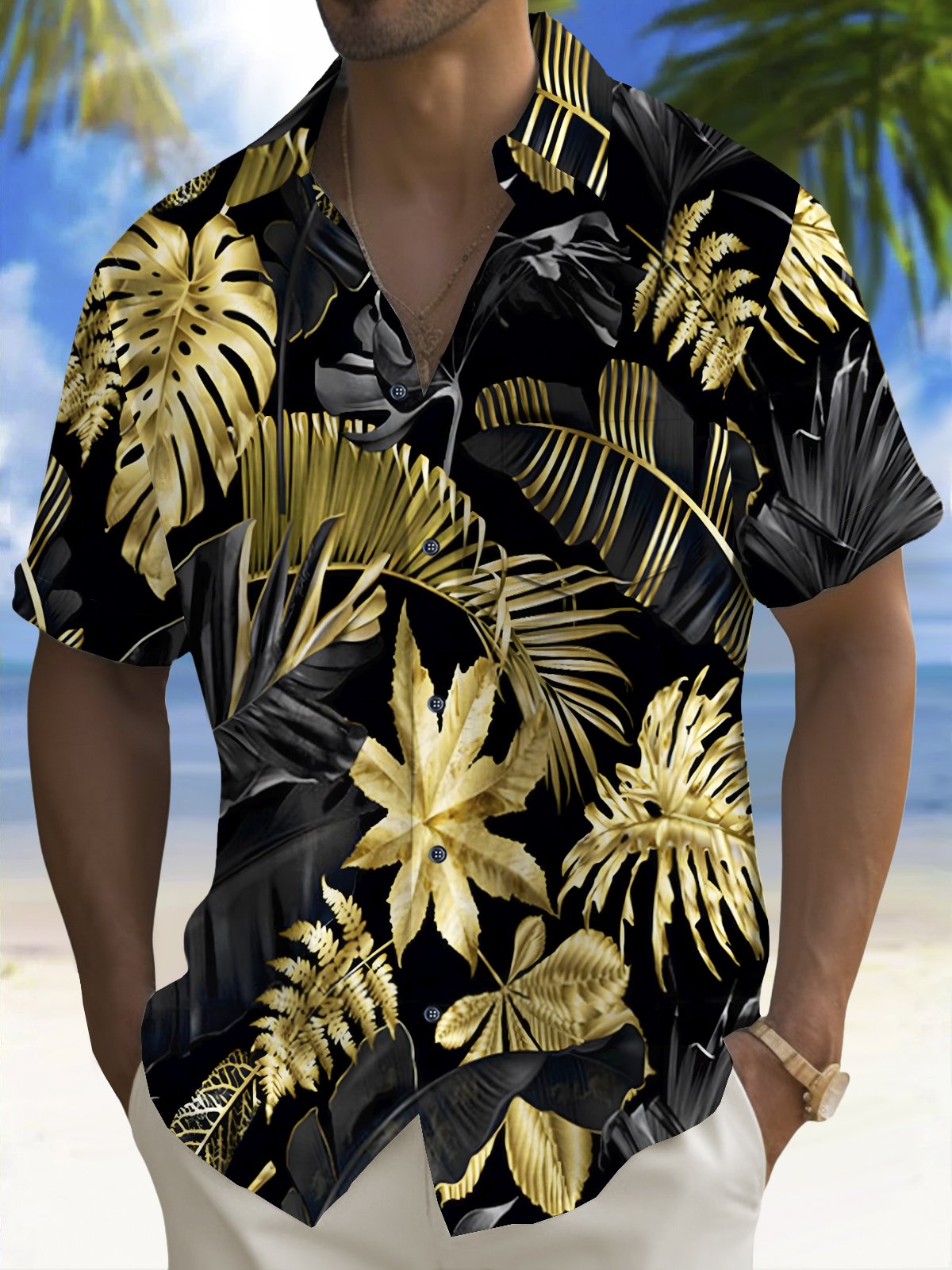 Royaura® Beach Vacation Men's Hawaiian Shirt Black Gold Plant Leaf Print Pocket Camping Shirt Big Tall