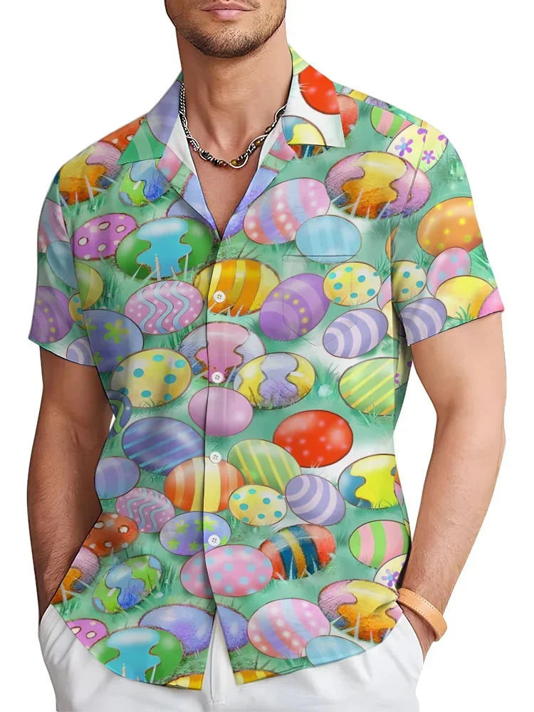 Royaura® Easter Egg Print Men's Chest Pocket Stretch Hawaiian Shirt Big Tall