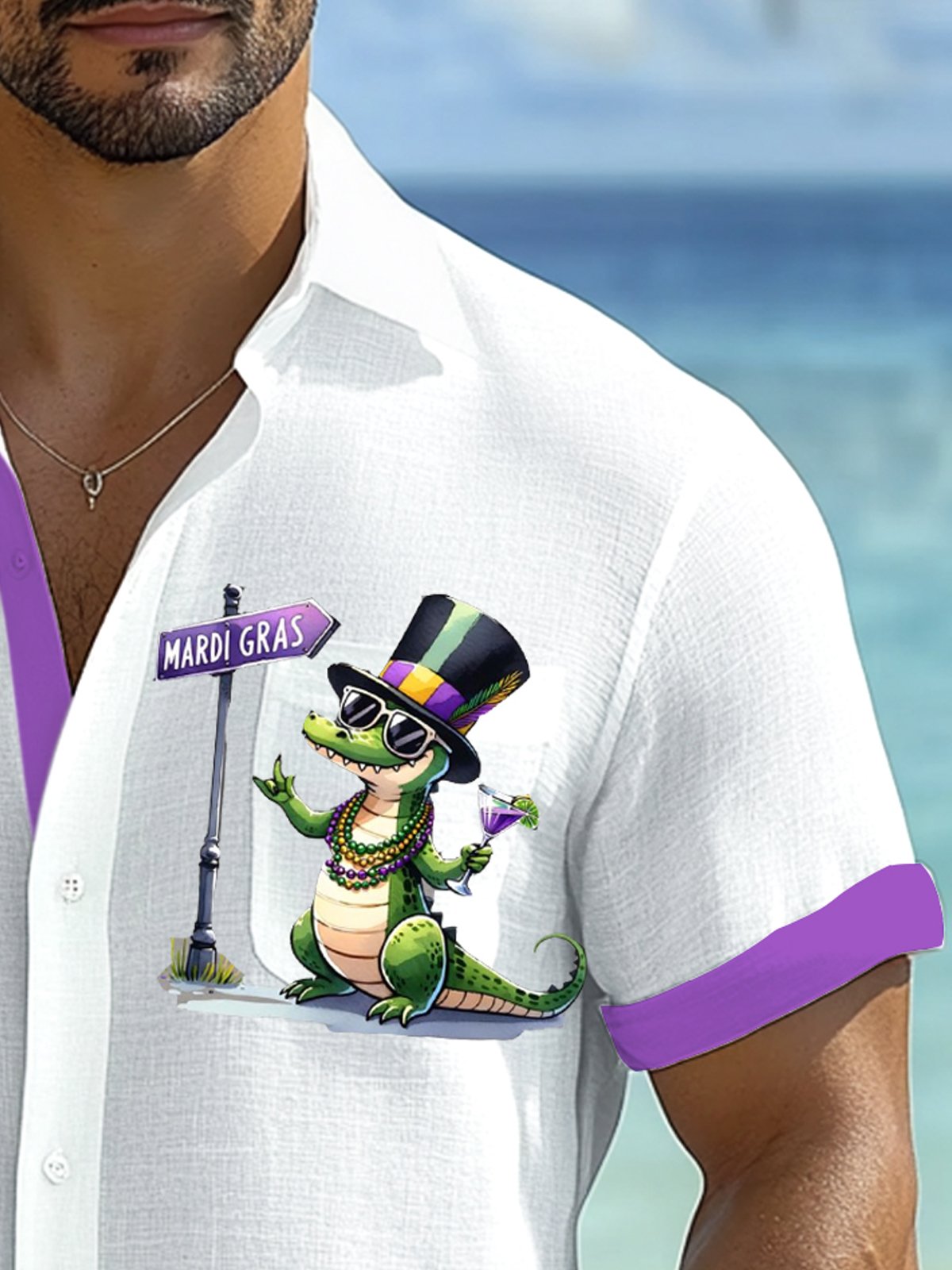 Royaura® Mardi Gras Cotton and Linen Crocodile Print Men's Button Pocket Short Sleeve Shirt Big & Tall