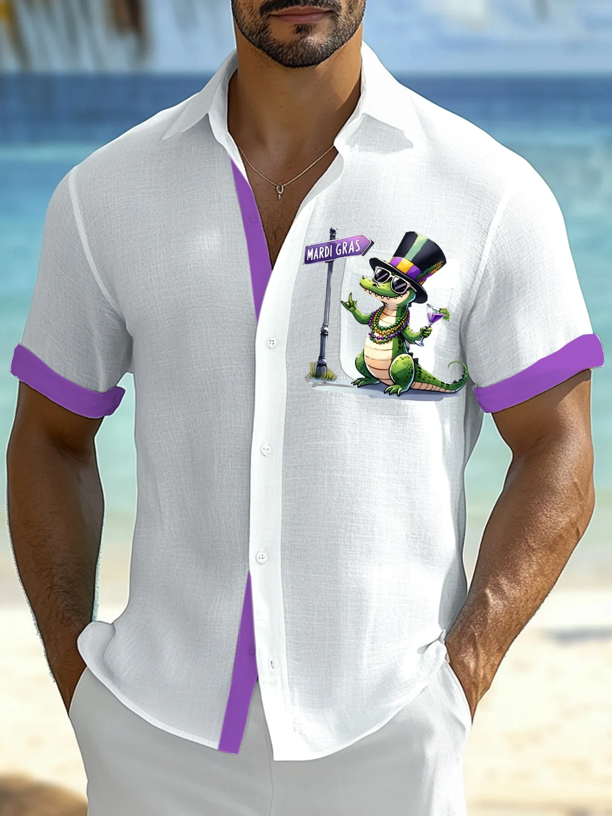 Royaura® Mardi Gras Cotton and Linen Crocodile Print Men's Button Pocket Short Sleeve Shirt Big & Tall